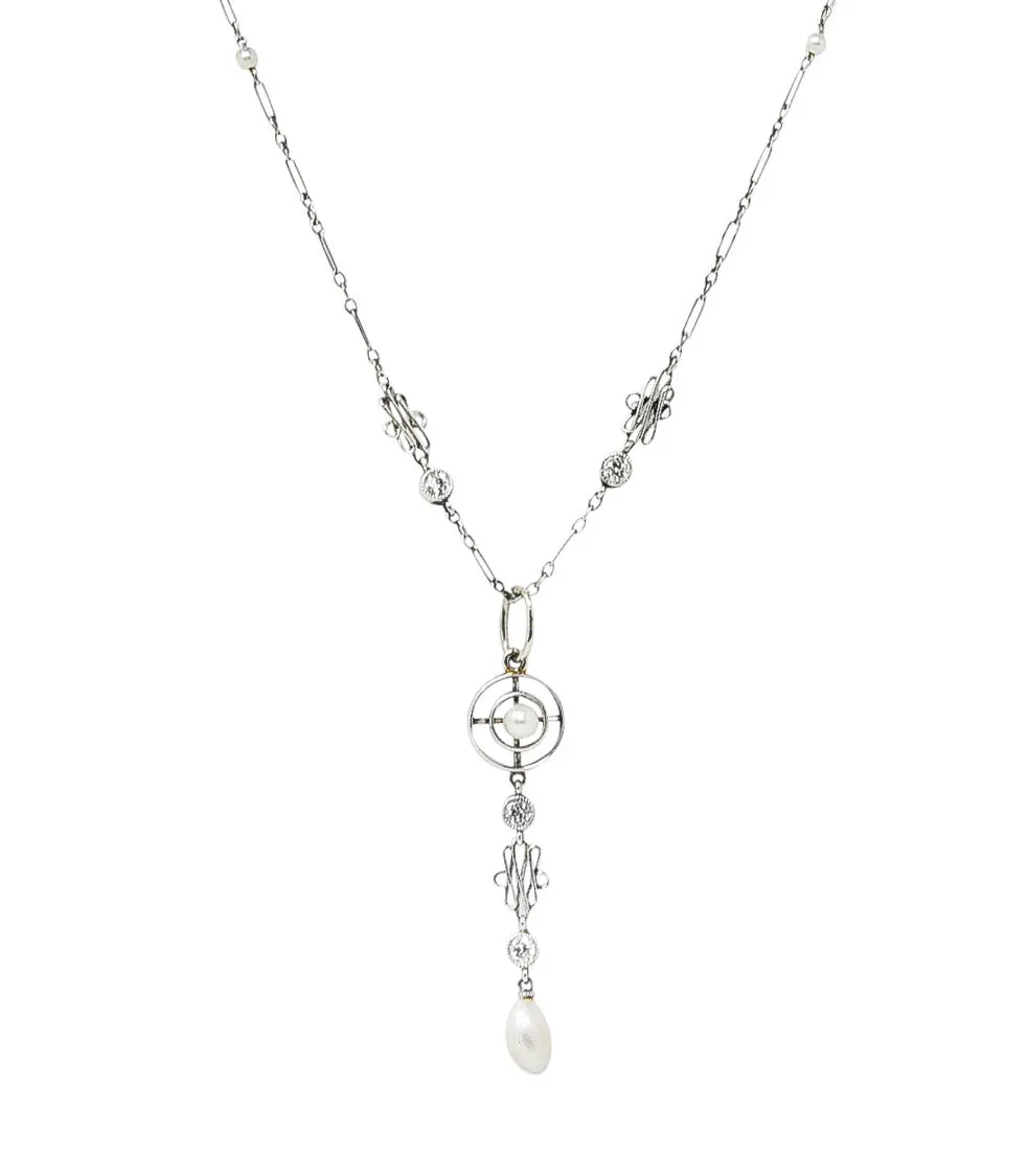 1920's Art Deco Diamond Pearl Platinum Pendant Necklace