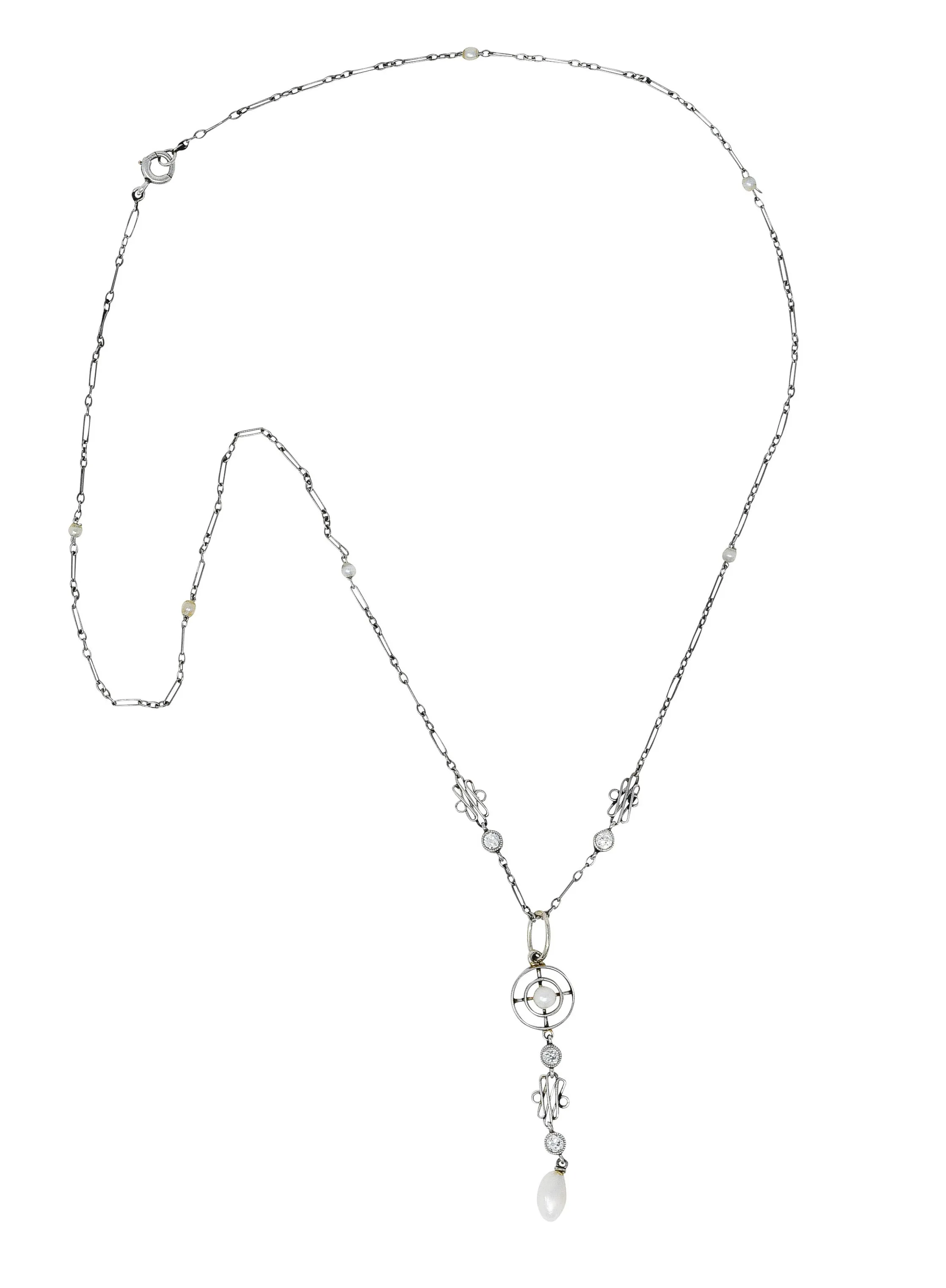 1920's Art Deco Diamond Pearl Platinum Pendant Necklace