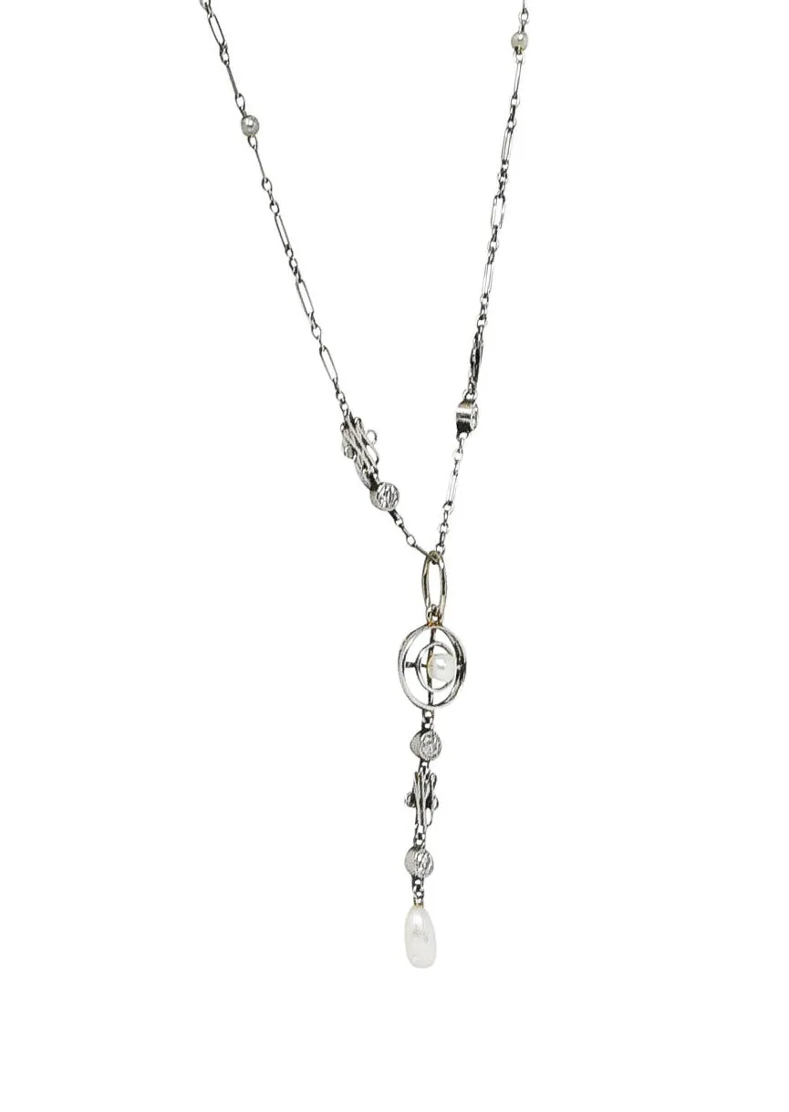 1920's Art Deco Diamond Pearl Platinum Pendant Necklace