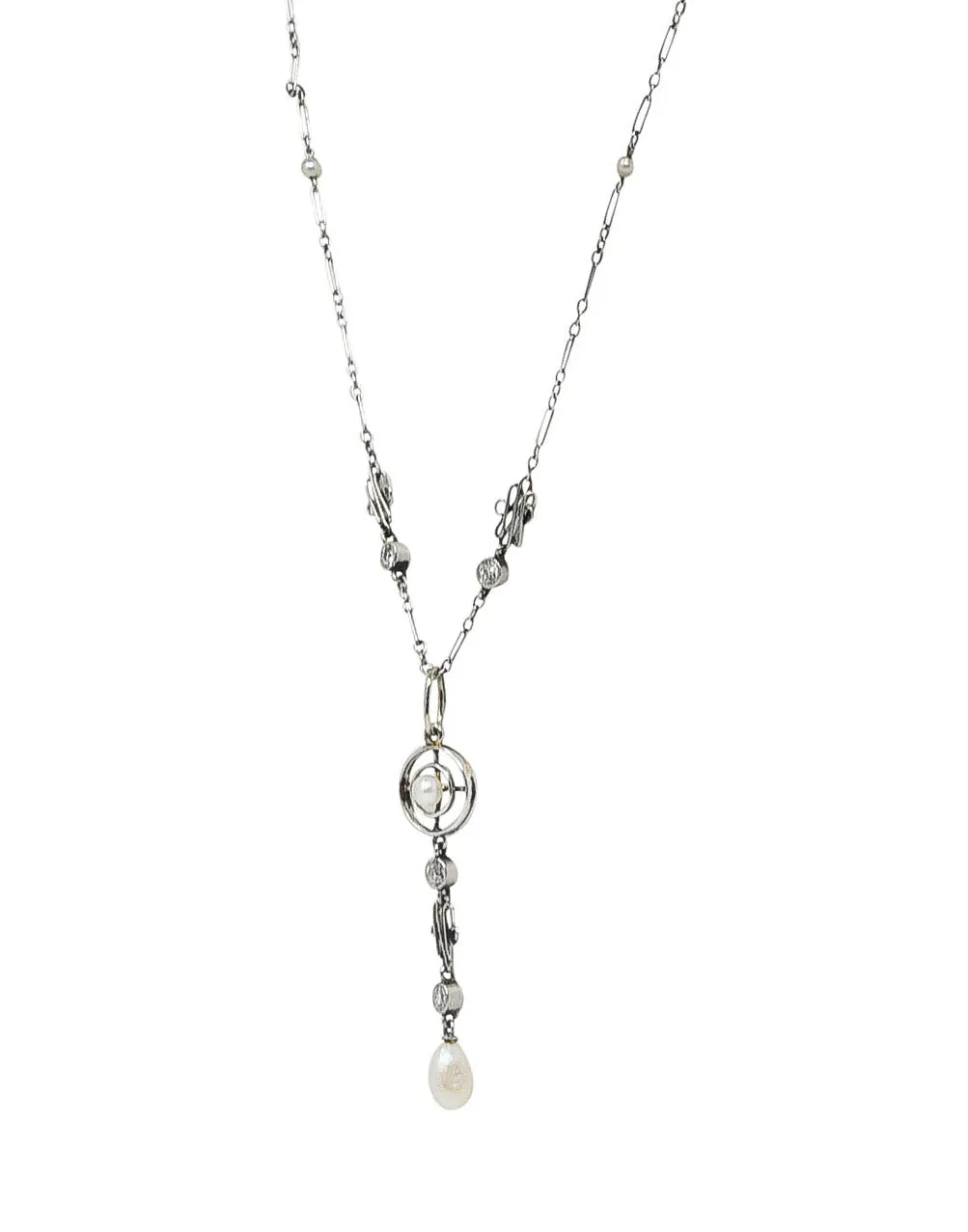 1920's Art Deco Diamond Pearl Platinum Pendant Necklace