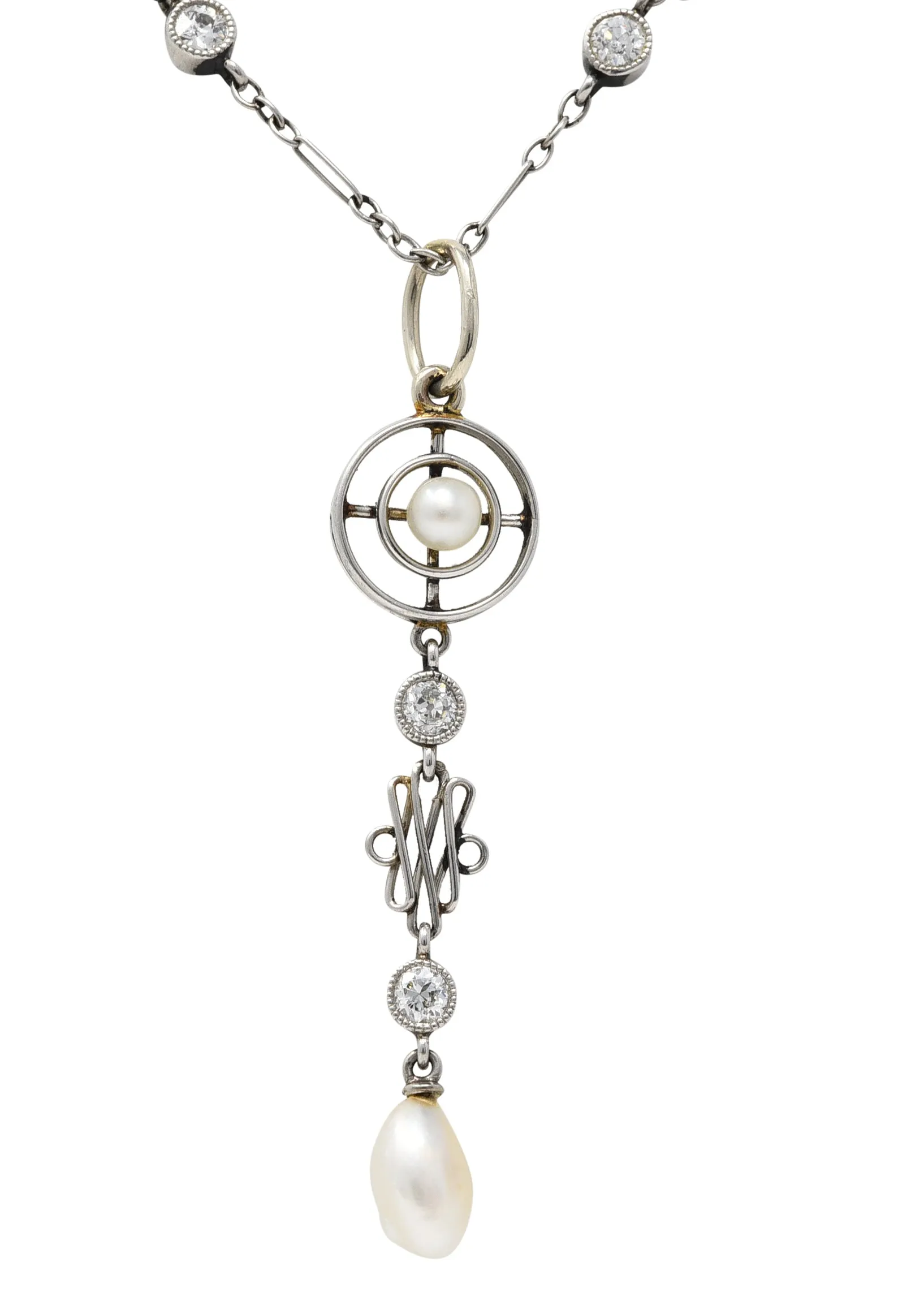 1920's Art Deco Diamond Pearl Platinum Pendant Necklace