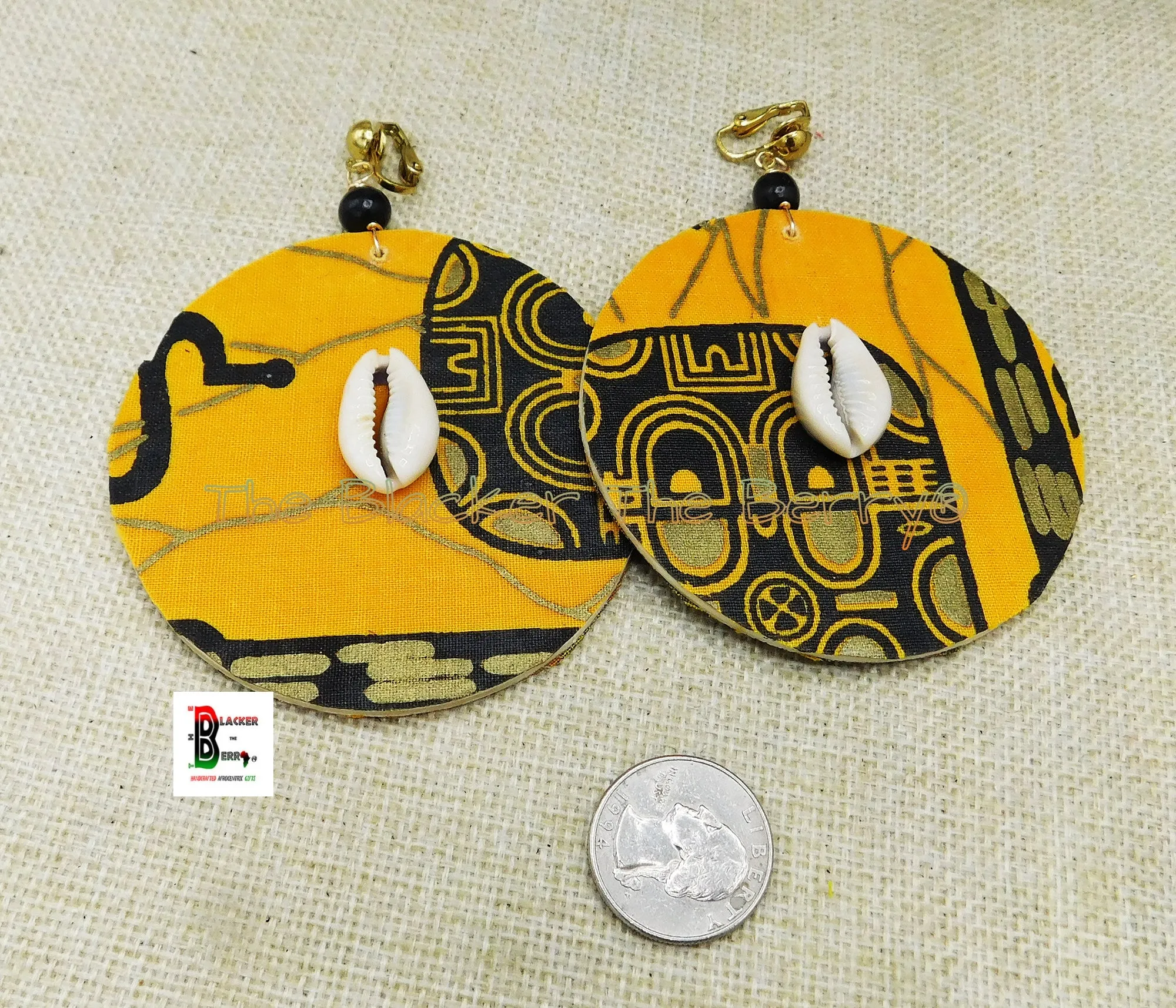 African Clip On Earrings Ankara Jewelry Yellow Black Gold Beaded Cowrie Handmade Black Owned