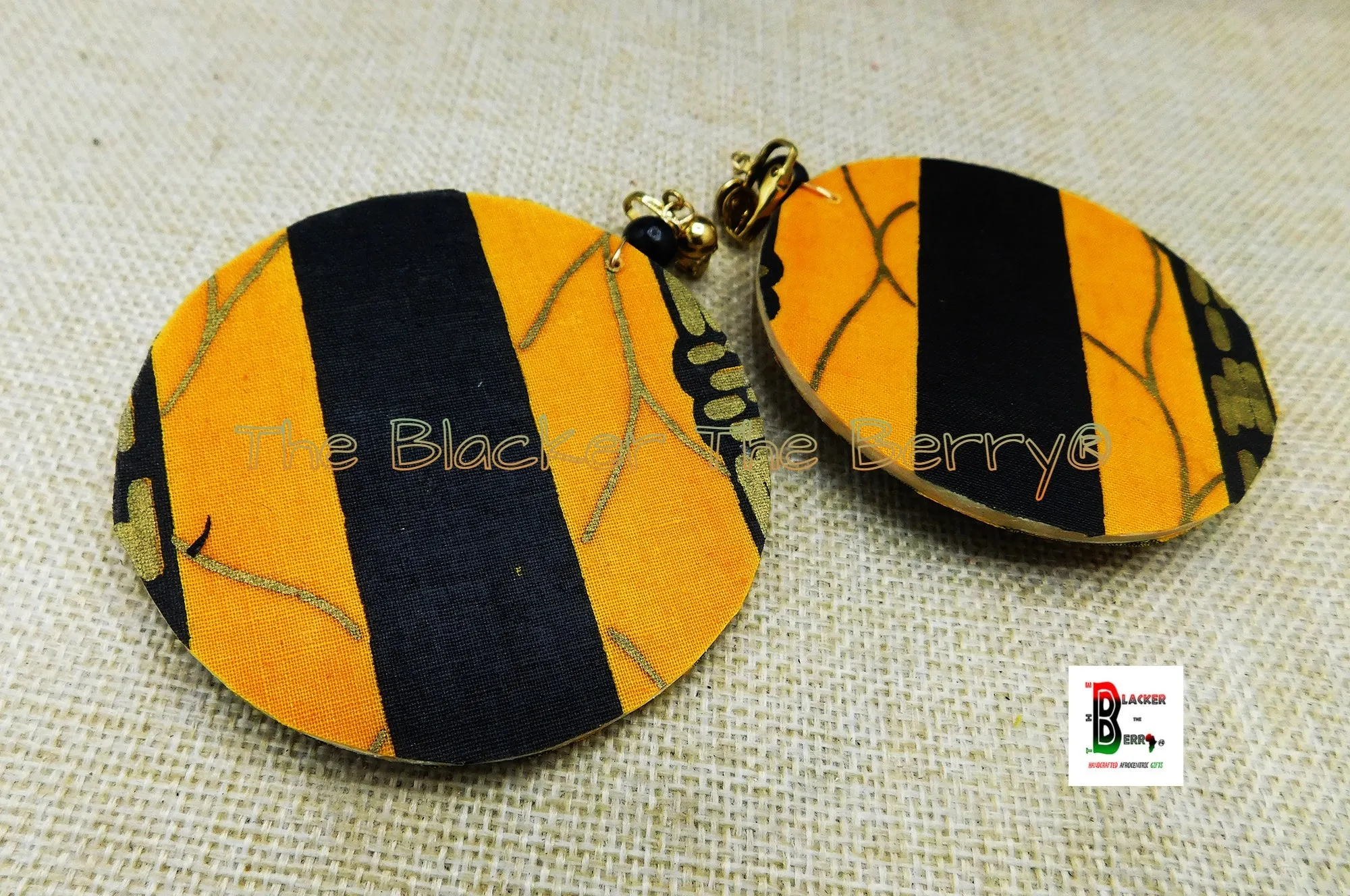 African Clip On Earrings Ankara Jewelry Yellow Black Gold Beaded Cowrie Handmade Black Owned