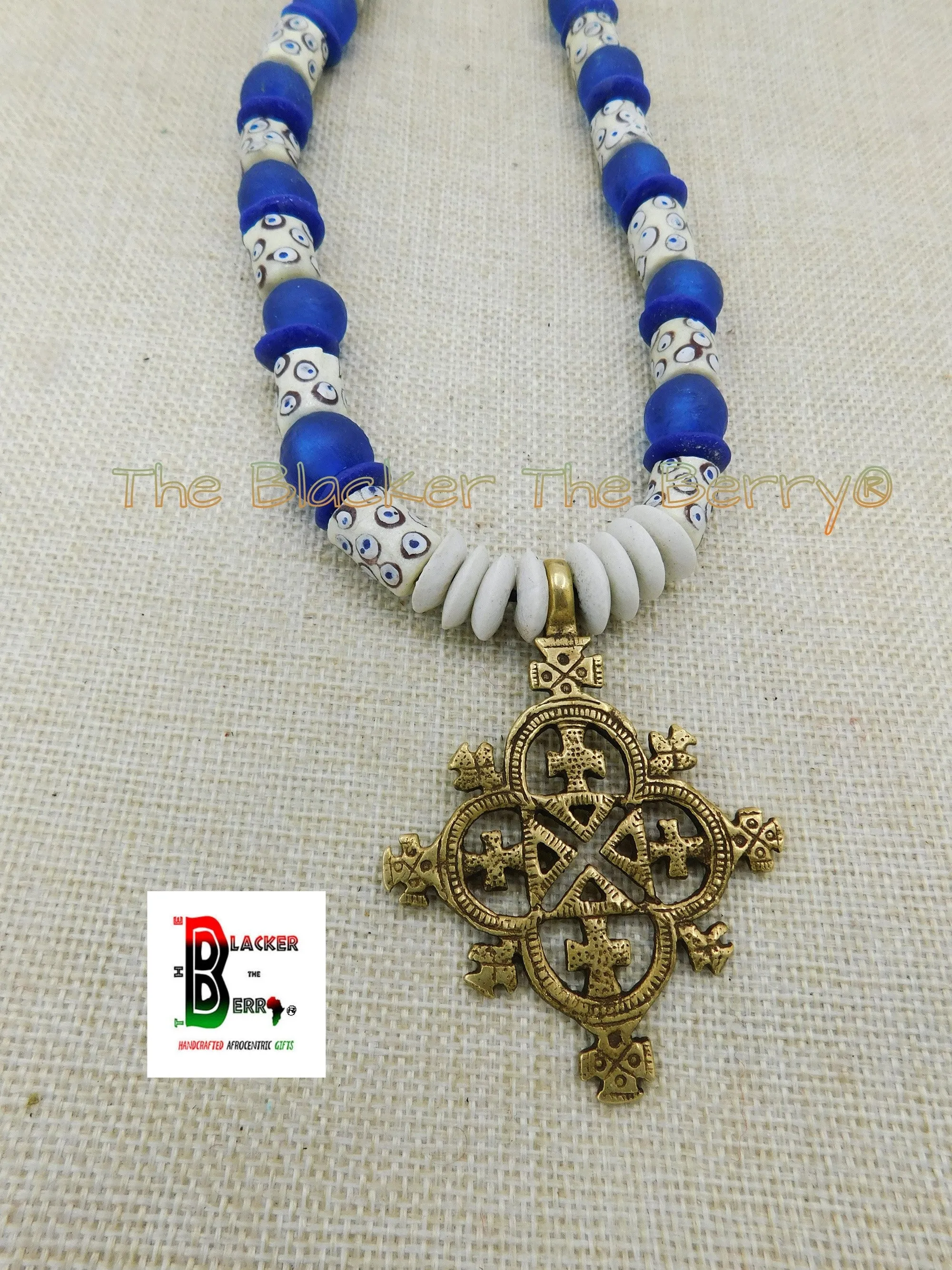 African Coptic Necklace Beaded Jewelry Blue White African Black Owned