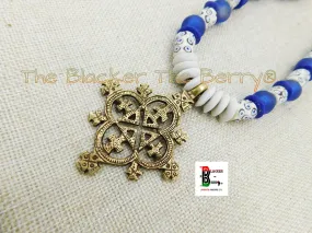 African Coptic Necklace Beaded Jewelry Blue White African Black Owned