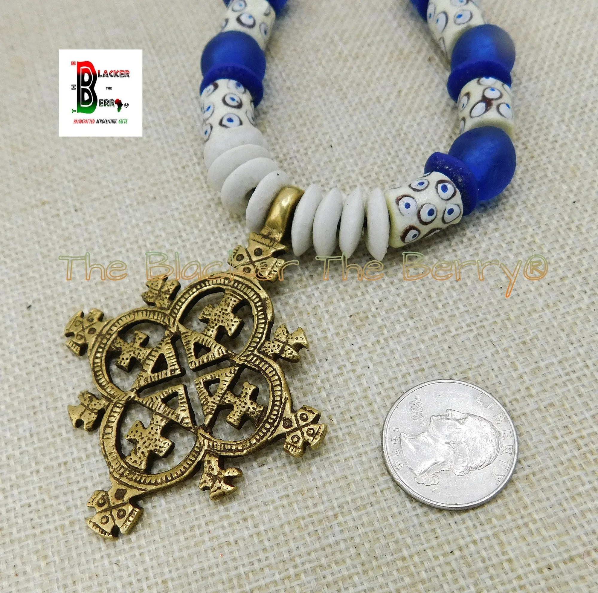 African Coptic Necklace Beaded Jewelry Blue White African Black Owned