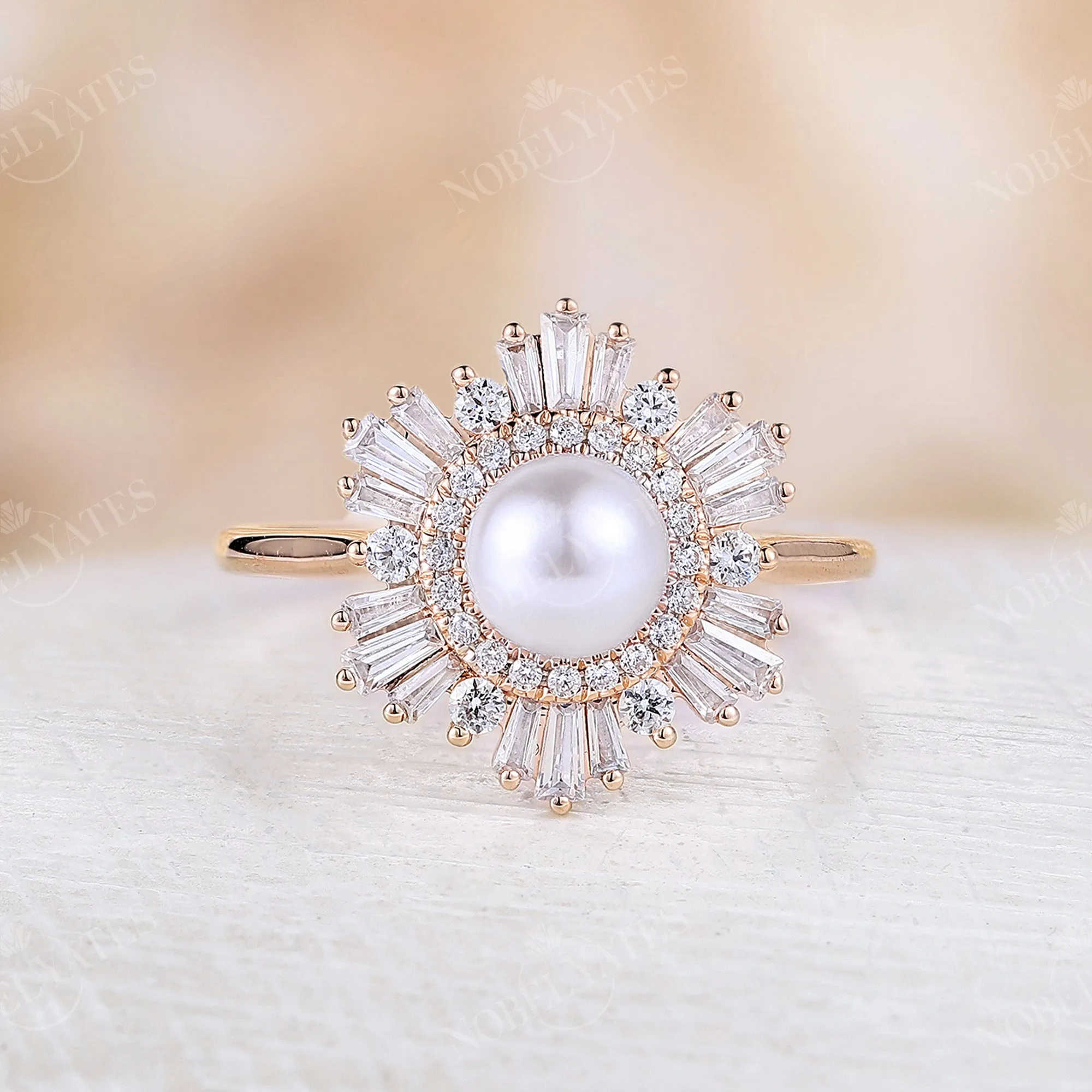 Akoya Pearl Art Deco Halo Engagement Ring Rose Gold