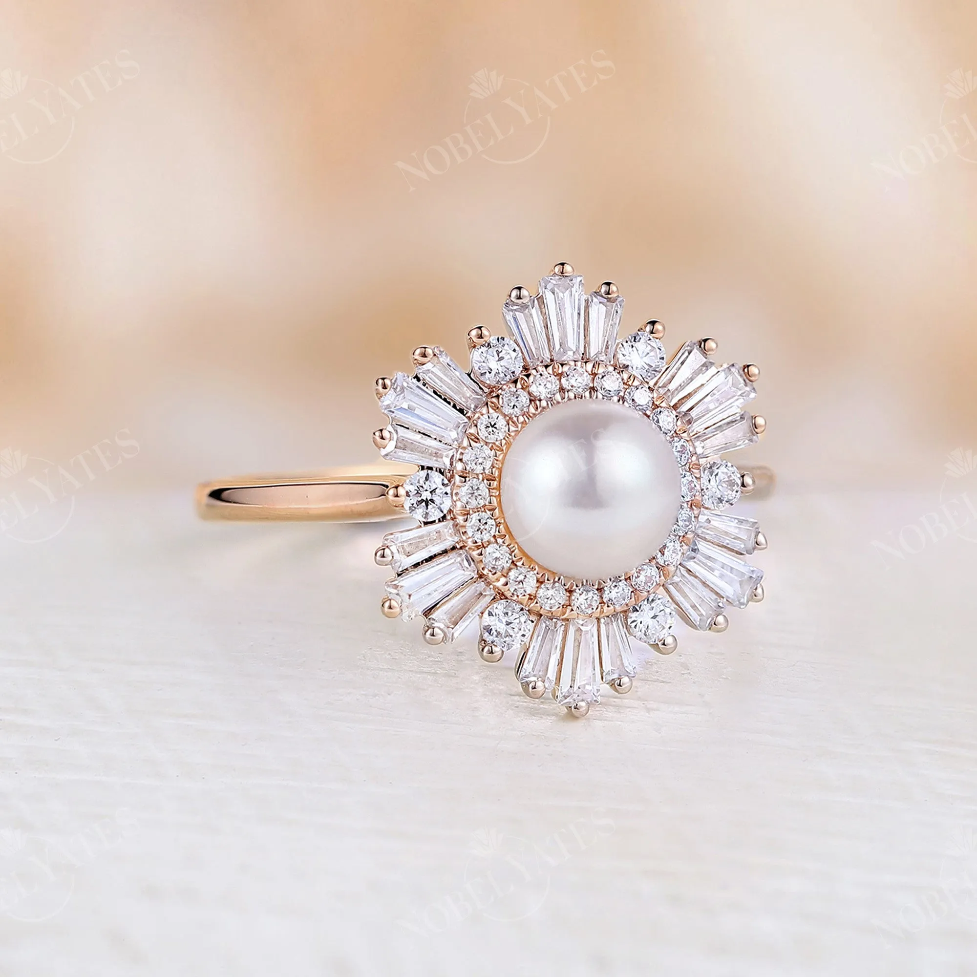 Akoya Pearl Art Deco Halo Engagement Ring Rose Gold