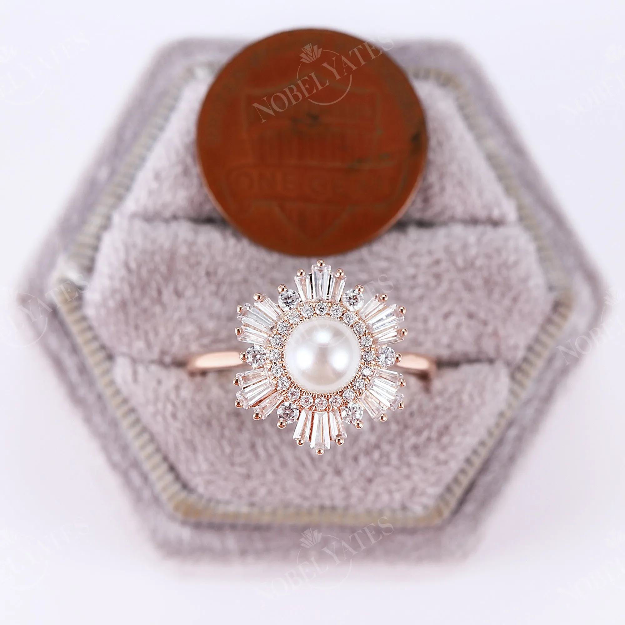 Akoya Pearl Art Deco Halo Engagement Ring Rose Gold