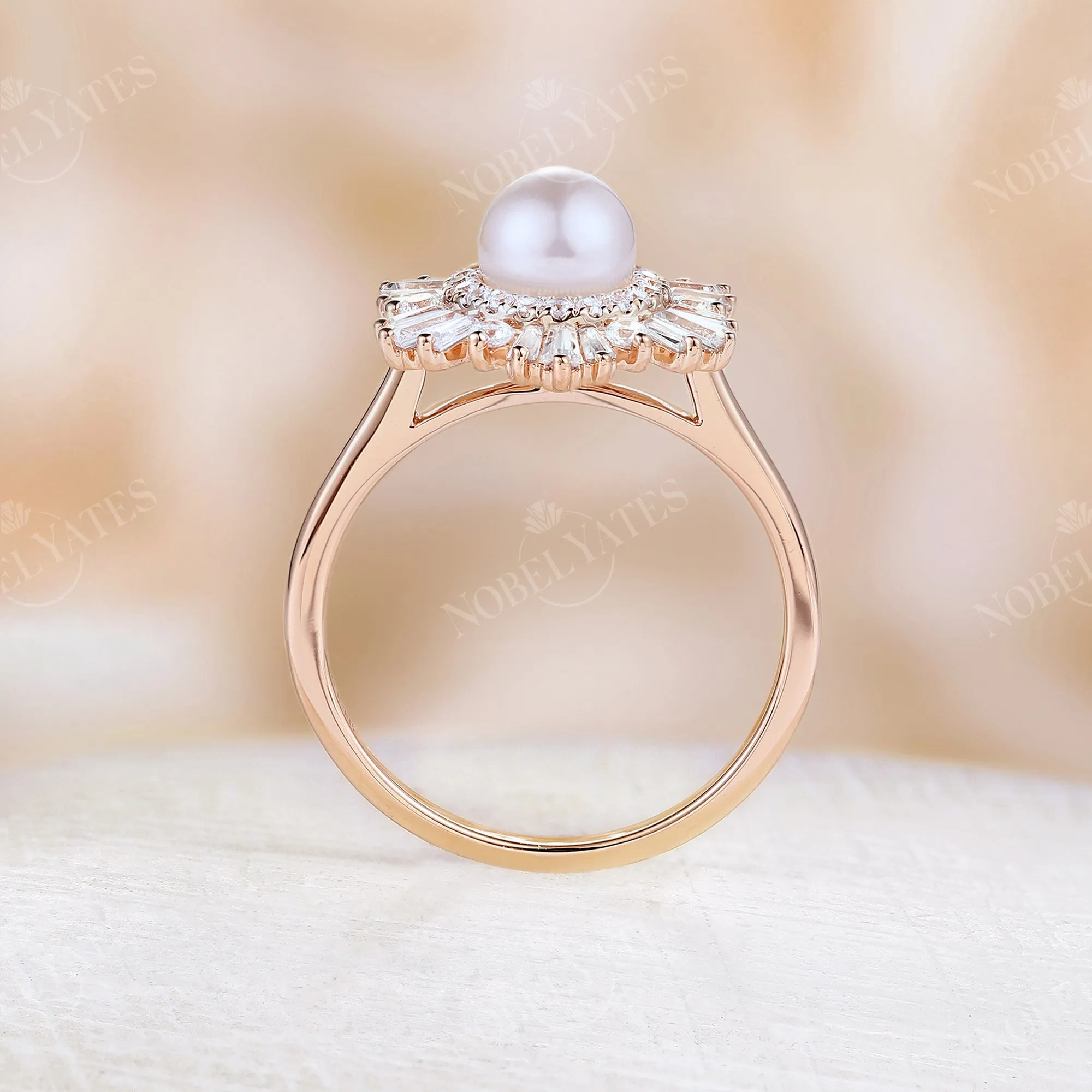 Akoya Pearl Art Deco Halo Engagement Ring Rose Gold