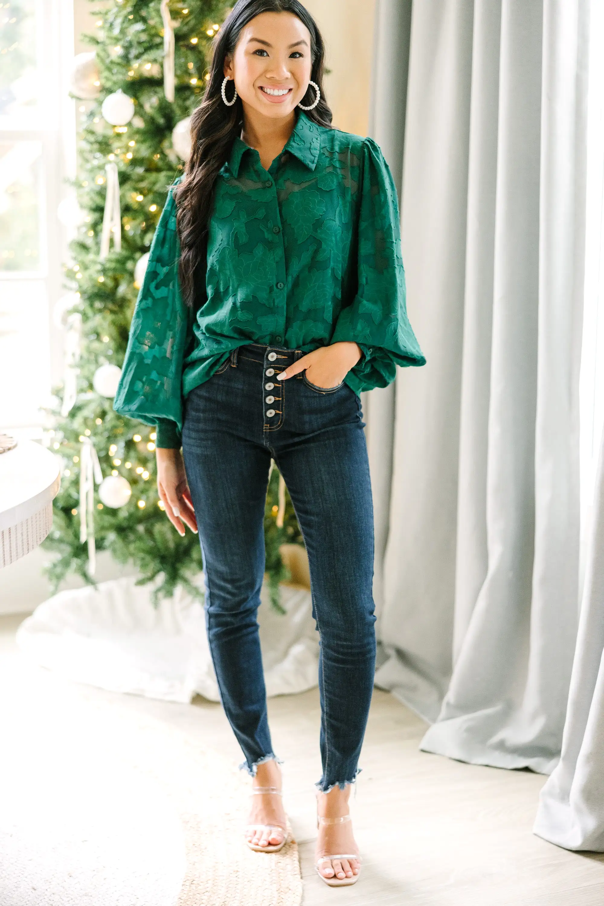 All In The Details Emerald Green Textured Blouse