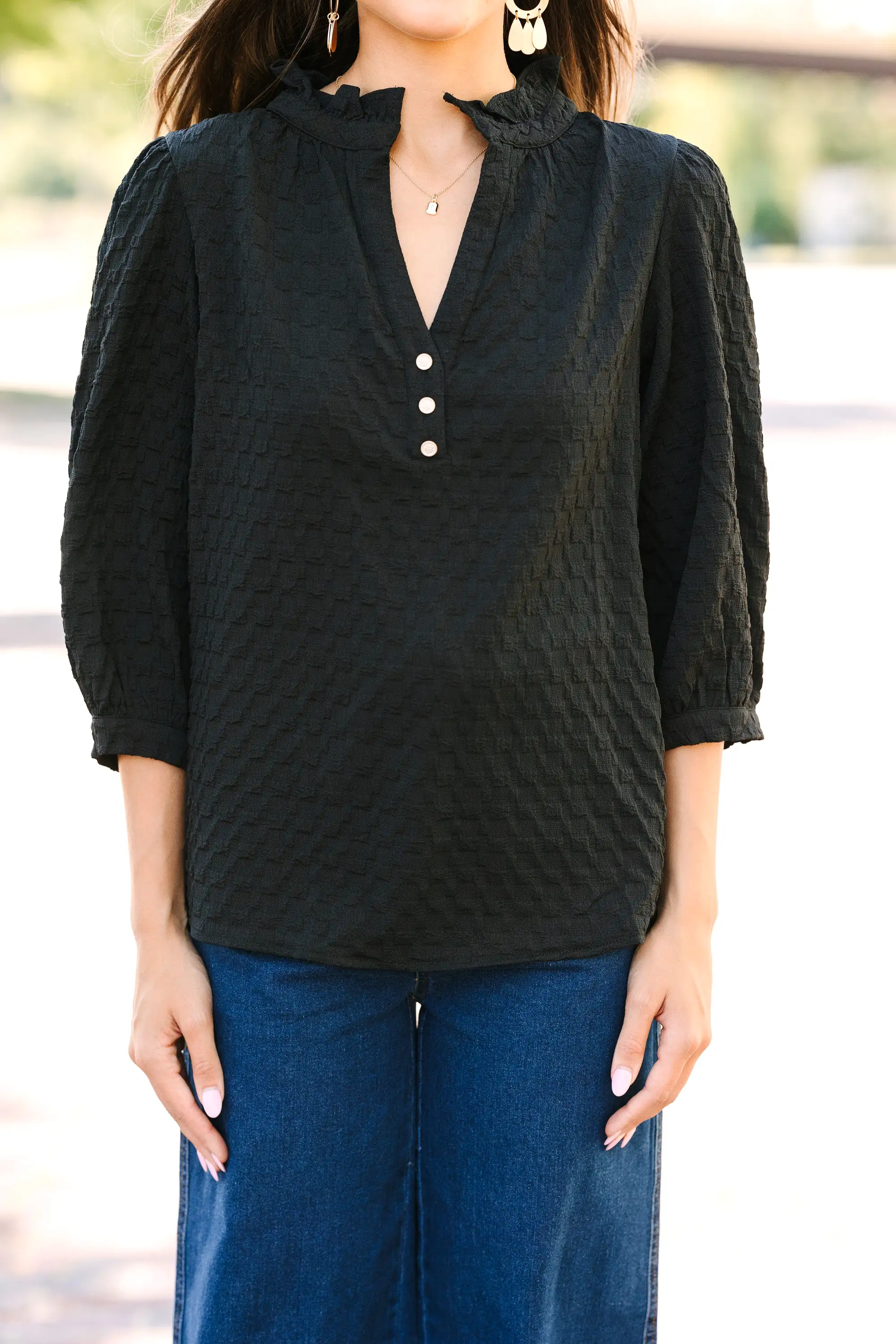 All Up To You Black Textured Blouse