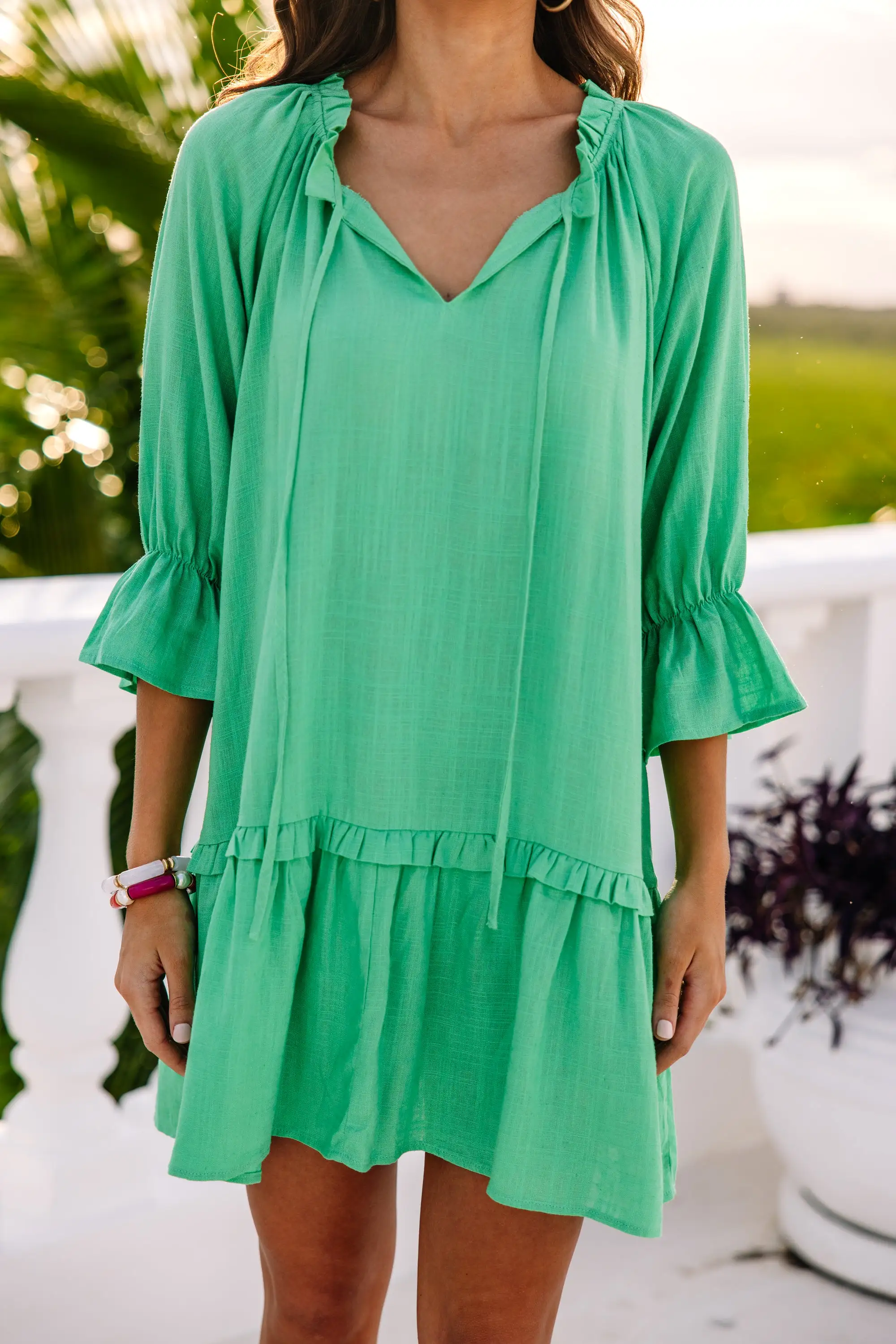 Always In The Lead Green Linen Dress