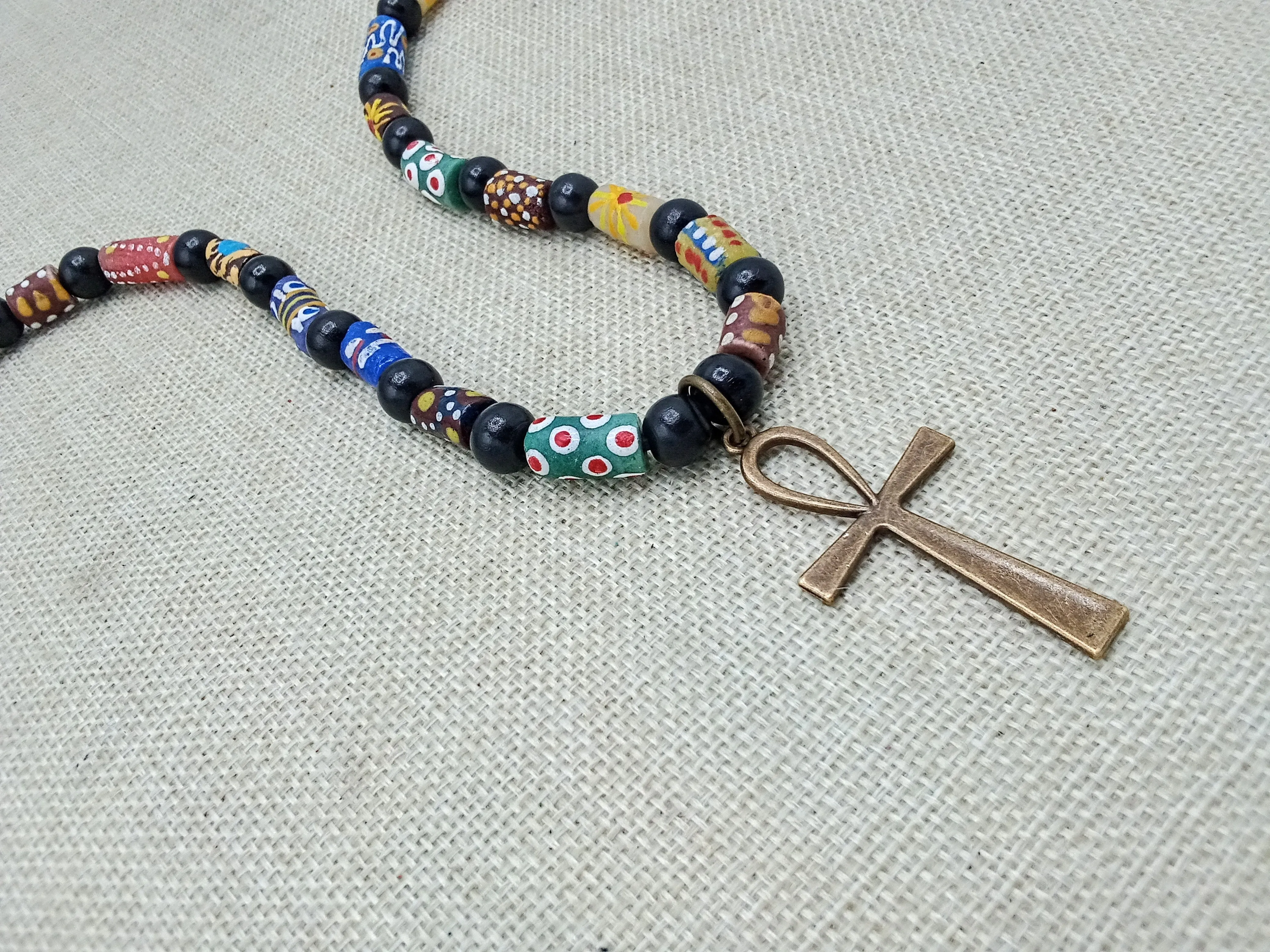 Ankh Necklace Bronze Beaded African Krobo Handmade Gift Egyptian Jewelry