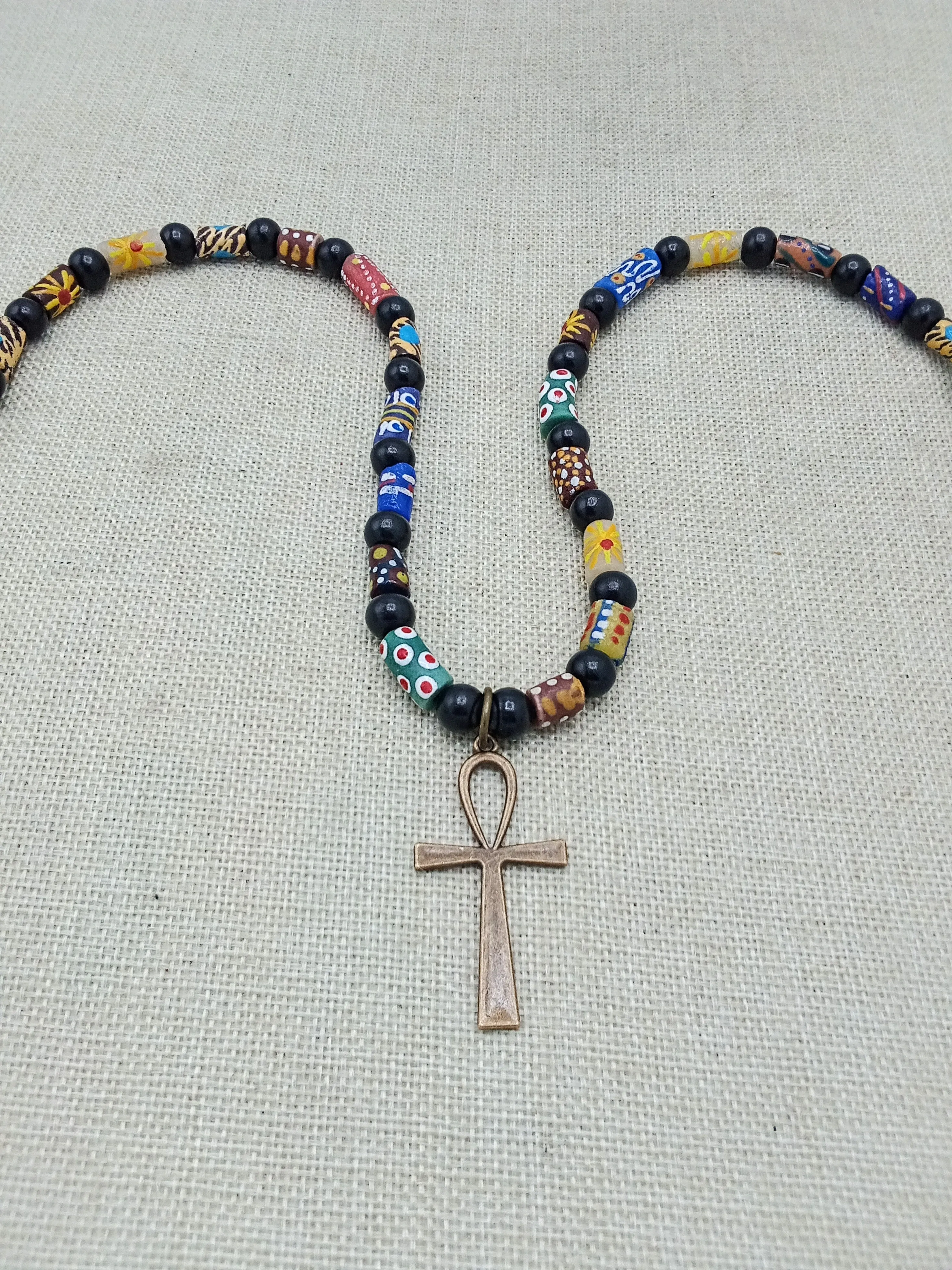 Ankh Necklace Bronze Beaded African Krobo Handmade Gift Egyptian Jewelry