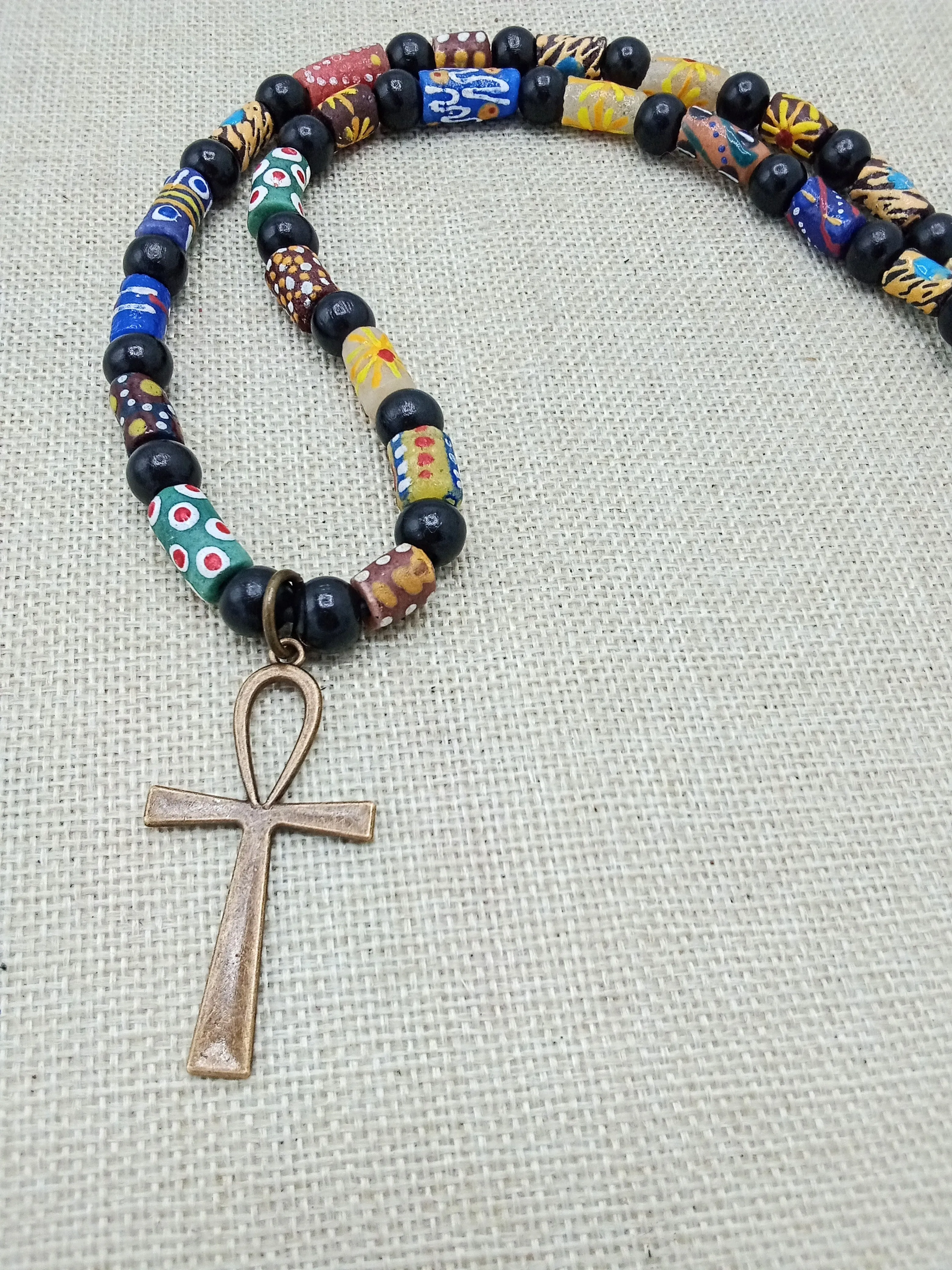 Ankh Necklace Bronze Beaded African Krobo Handmade Gift Egyptian Jewelry