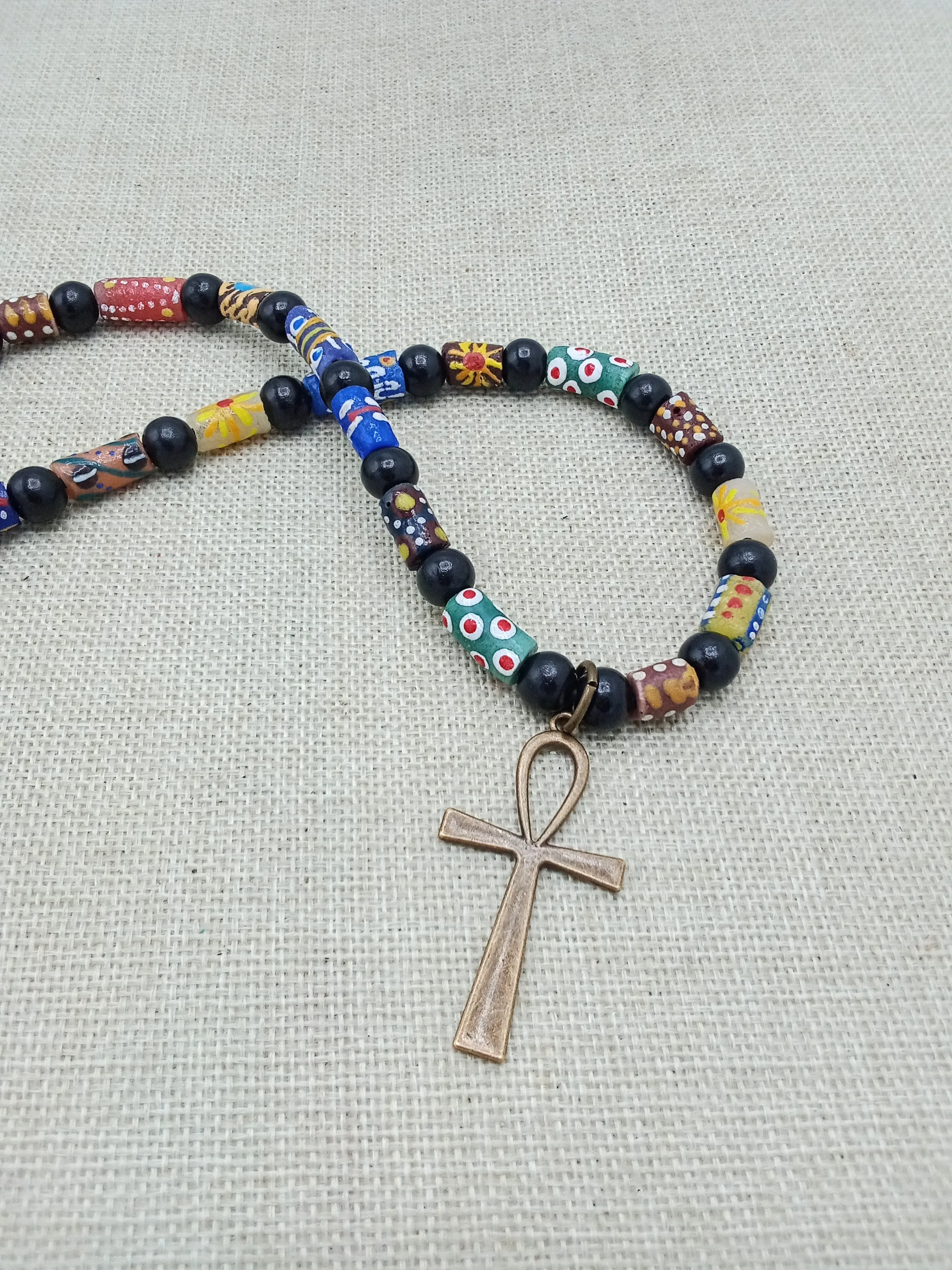 Ankh Necklace Bronze Beaded African Krobo Handmade Gift Egyptian Jewelry