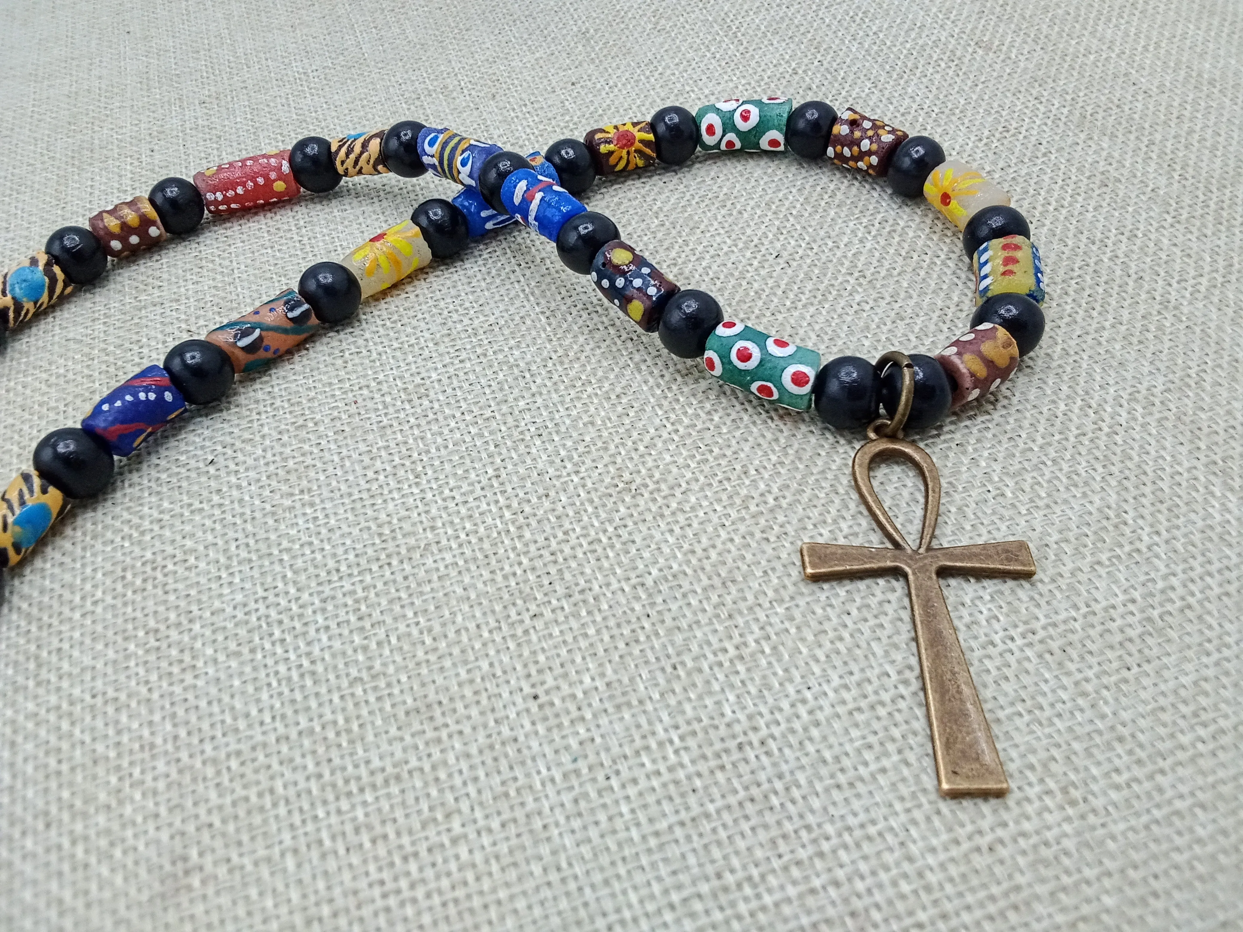 Ankh Necklace Bronze Beaded African Krobo Handmade Gift Egyptian Jewelry