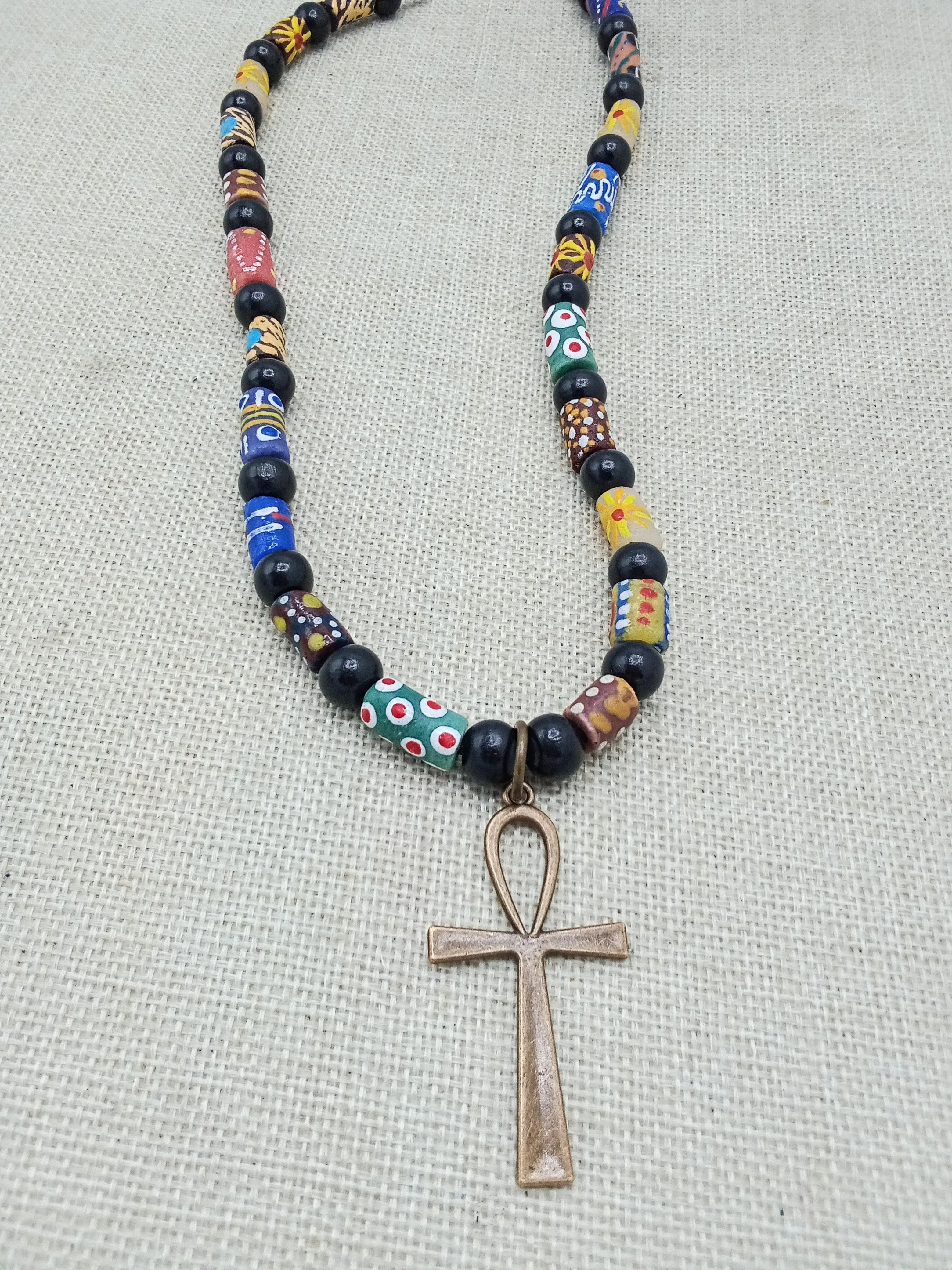 Ankh Necklace Bronze Beaded African Krobo Handmade Gift Egyptian Jewelry