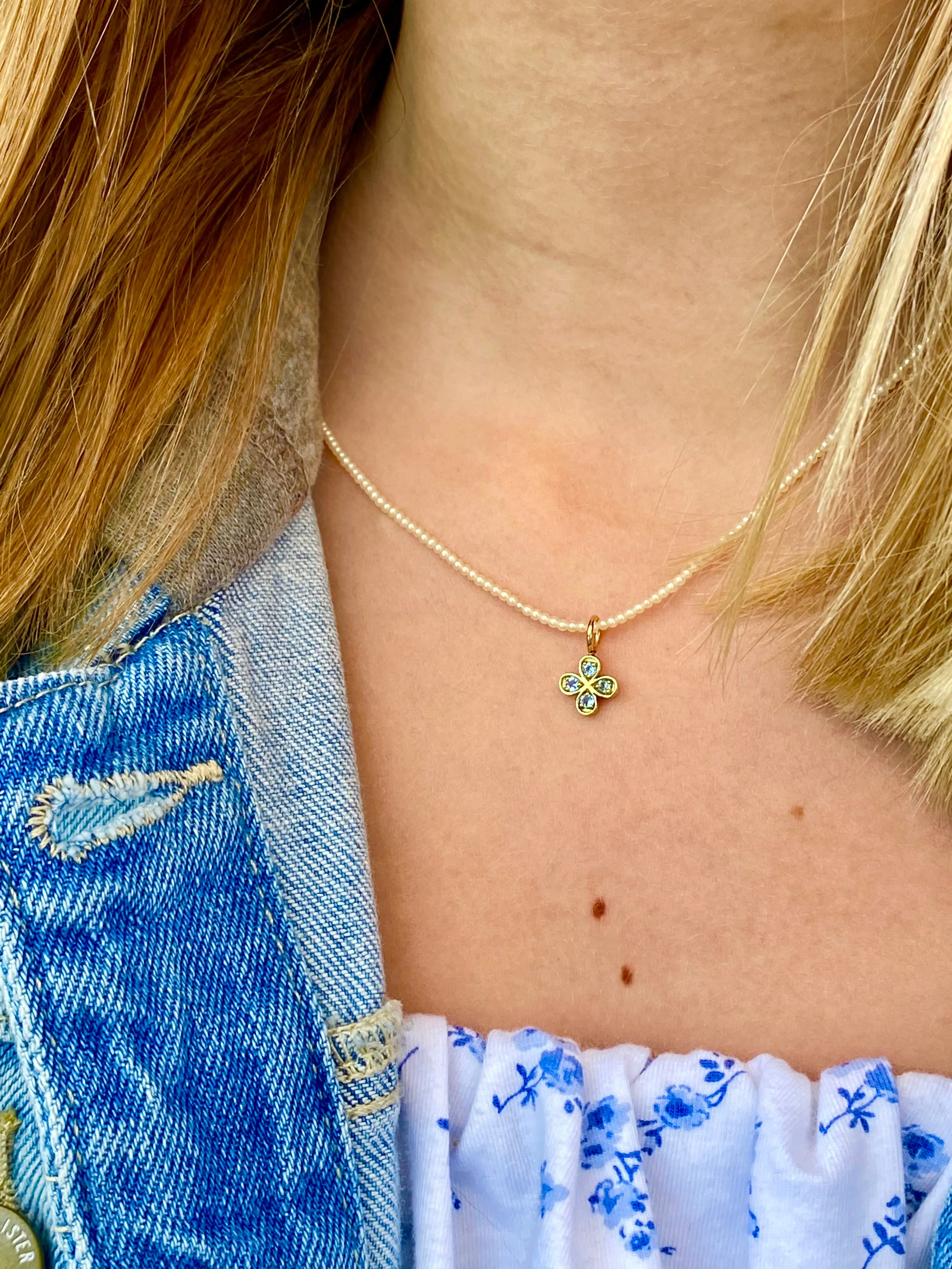 Aquamarine flower on a seed pearl chain- Made to order