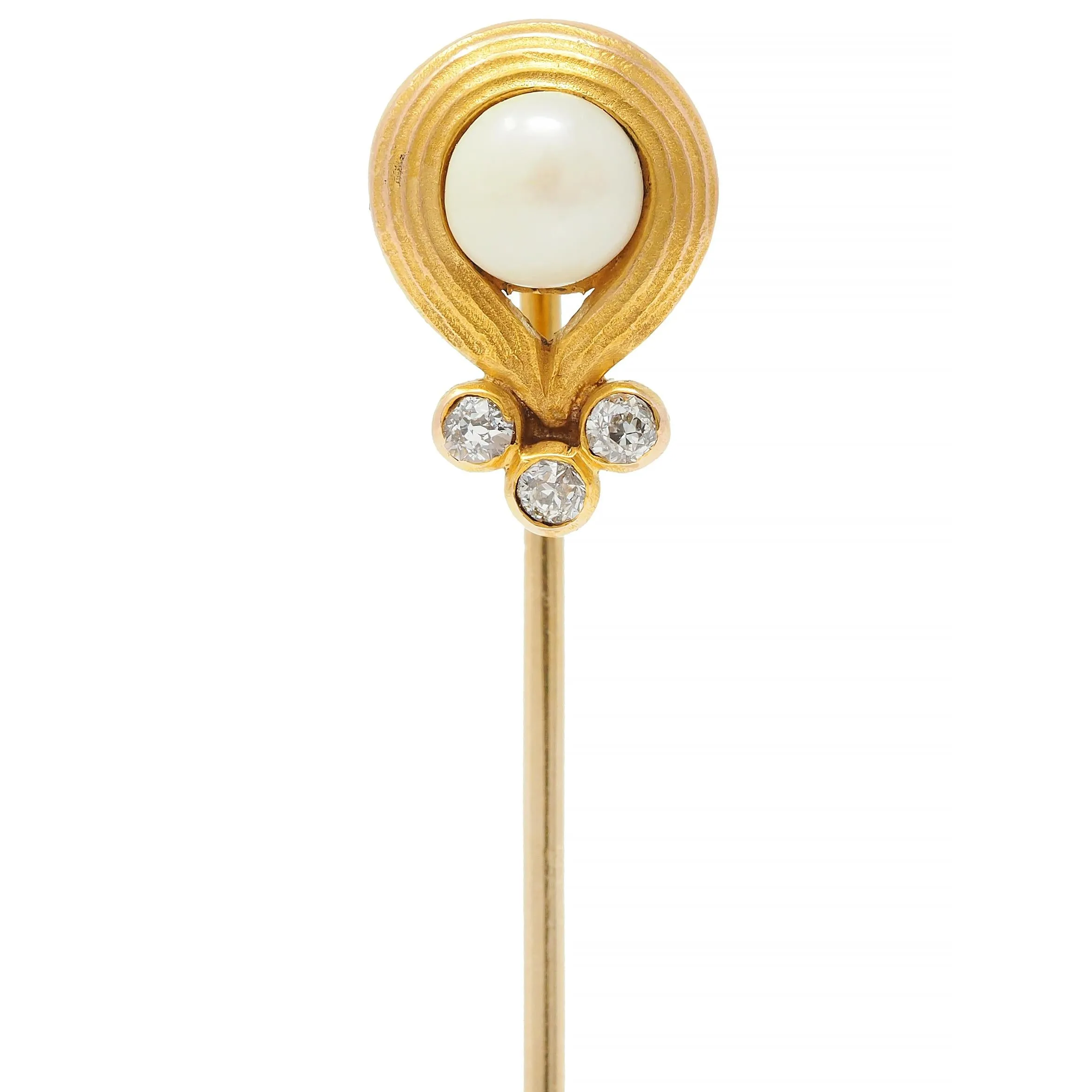 Art Nouveau Pearl Diamond 14 Karat Yellow Gold Antique Swirl Stickpin