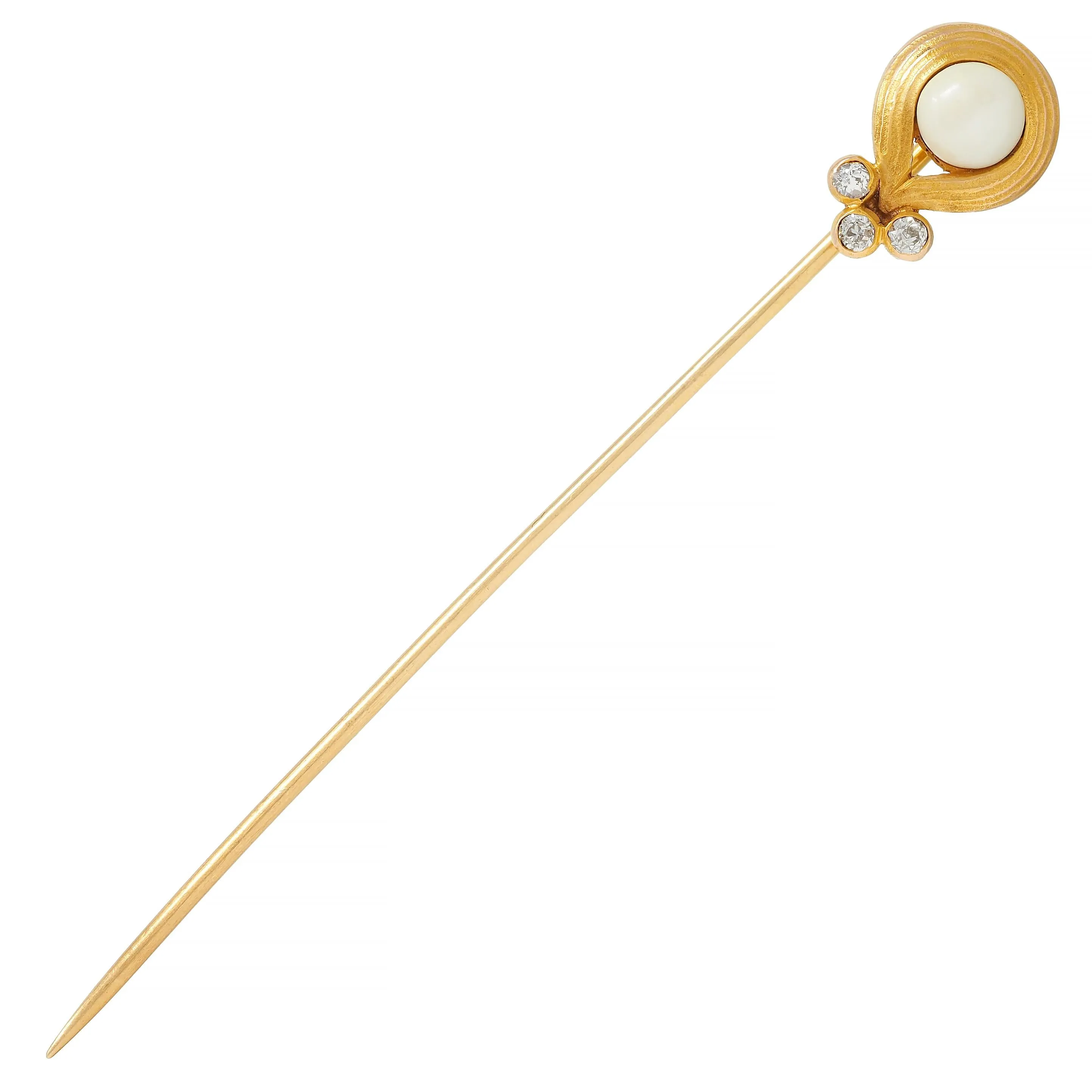 Art Nouveau Pearl Diamond 14 Karat Yellow Gold Antique Swirl Stickpin