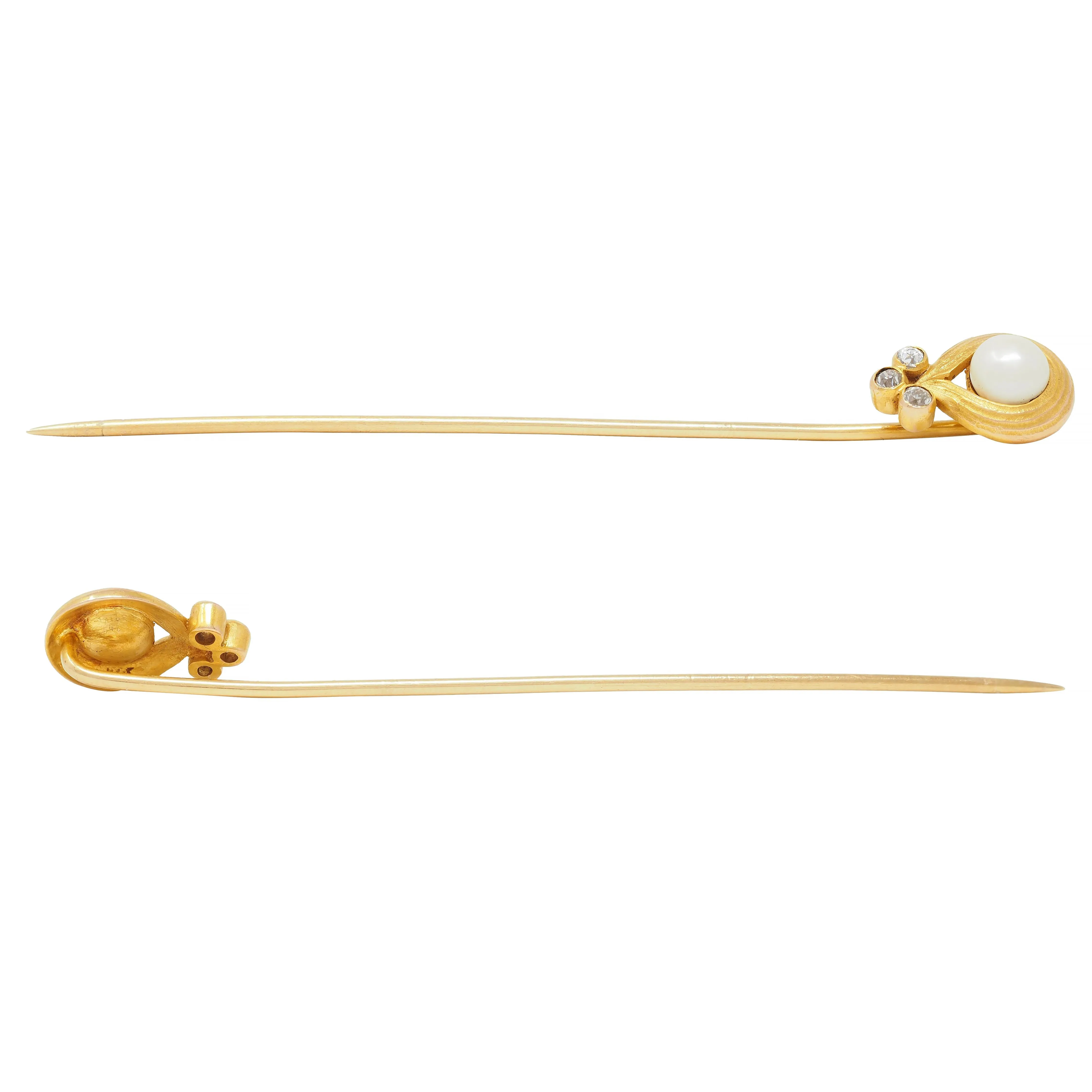 Art Nouveau Pearl Diamond 14 Karat Yellow Gold Antique Swirl Stickpin