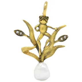 Art Nouveau Pearl Seed Pearl And 14 Karat Gold Frog Pendant