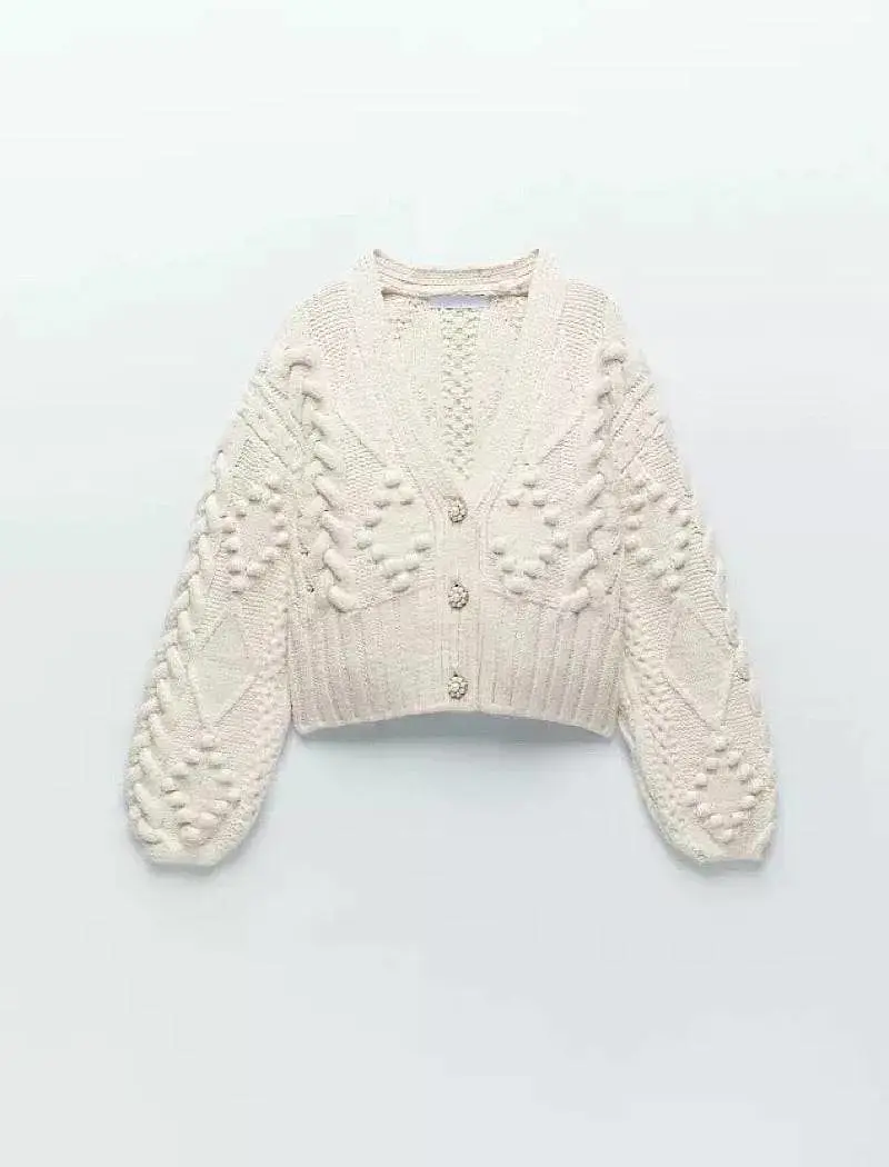 Beige Embroidered Cardigan With Pearl Buttons