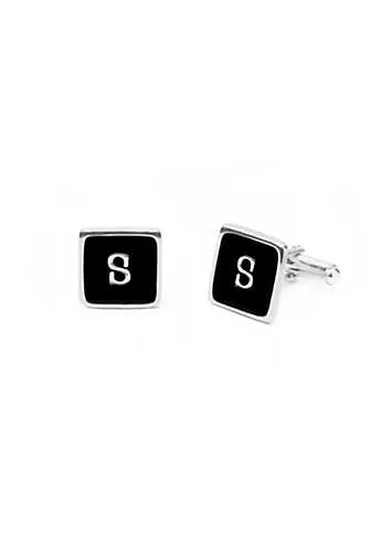 Black Personalised Initial Rounded Square Cufflinks by For You Collection | Look Again