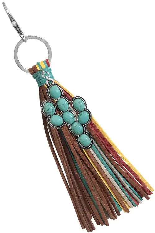 Cactus Turquoise Stone Multi Tassel Keychain