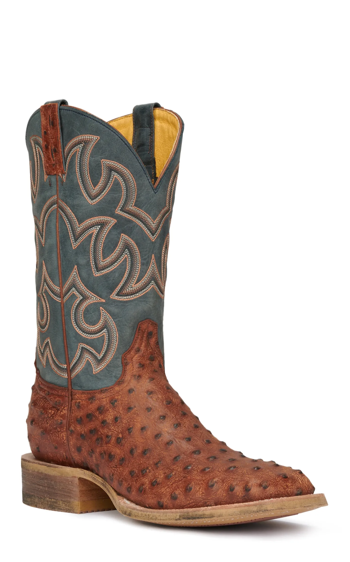 Cavender's Men's Shedron Ave Ranch Rustic Cognac Ostrich Print with Blue Shaft Wide Square Toe Cowboy Boots