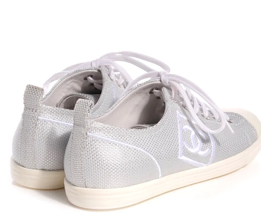 Chanel 10C, 2010 Cruise Resort Silver Metallic Canvas Woven CC Logo Tennis Shoes EU 41 US 10/11