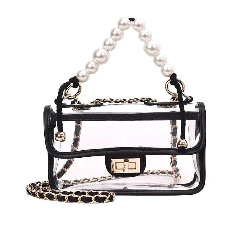 Clear Flap Handbag With Pearl Straps