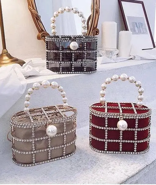 Crystallized Cage Pearl Handle Clutch