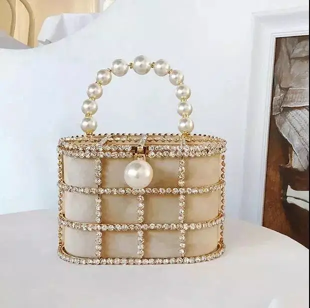 Crystallized Cage Pearl Handle Clutch