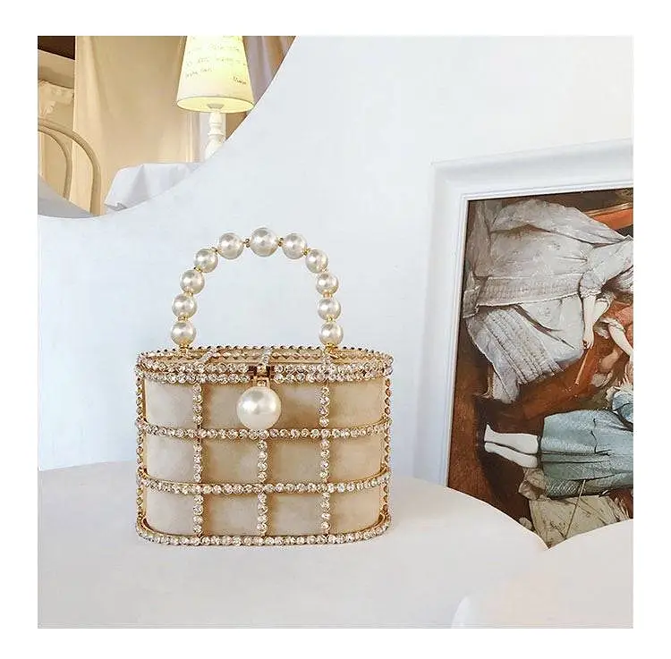 Crystallized Cage Pearl Handle Clutch