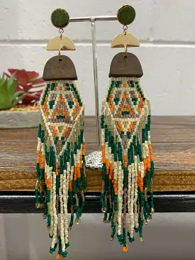 DKC Orange Teal and White Beaded Tassel Earrings