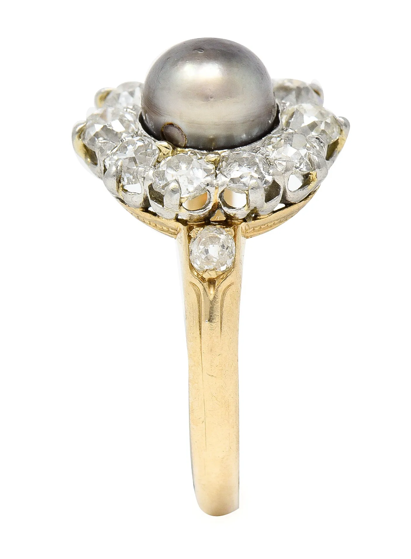 Edwardian 1.40 CTW Old Mine Cut Diamond Natural Pearl Platinum-Topped 14 Karat Yellow Gold Antique Cluster Ring