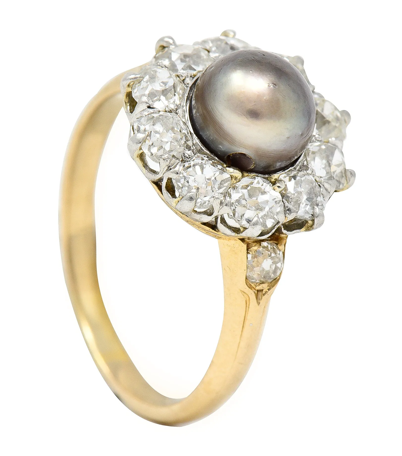 Edwardian 1.40 CTW Old Mine Cut Diamond Natural Pearl Platinum-Topped 14 Karat Yellow Gold Antique Cluster Ring