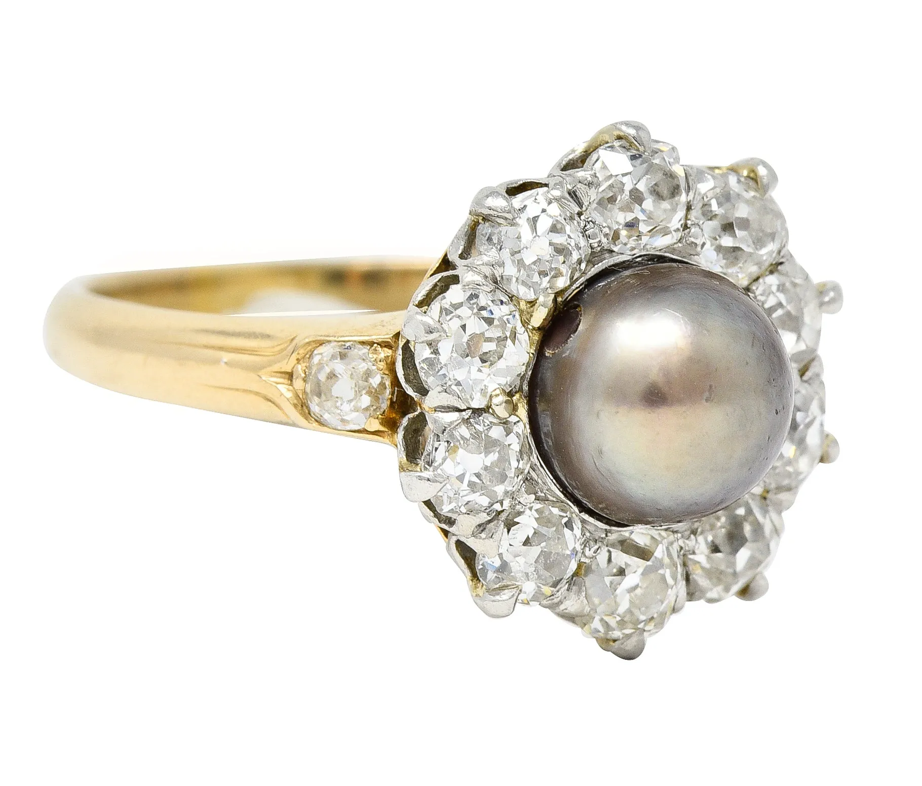 Edwardian 1.40 CTW Old Mine Cut Diamond Natural Pearl Platinum-Topped 14 Karat Yellow Gold Antique Cluster Ring