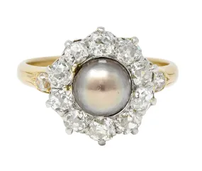 Edwardian 1.40 CTW Old Mine Cut Diamond Natural Pearl Platinum-Topped 14 Karat Yellow Gold Antique Cluster Ring