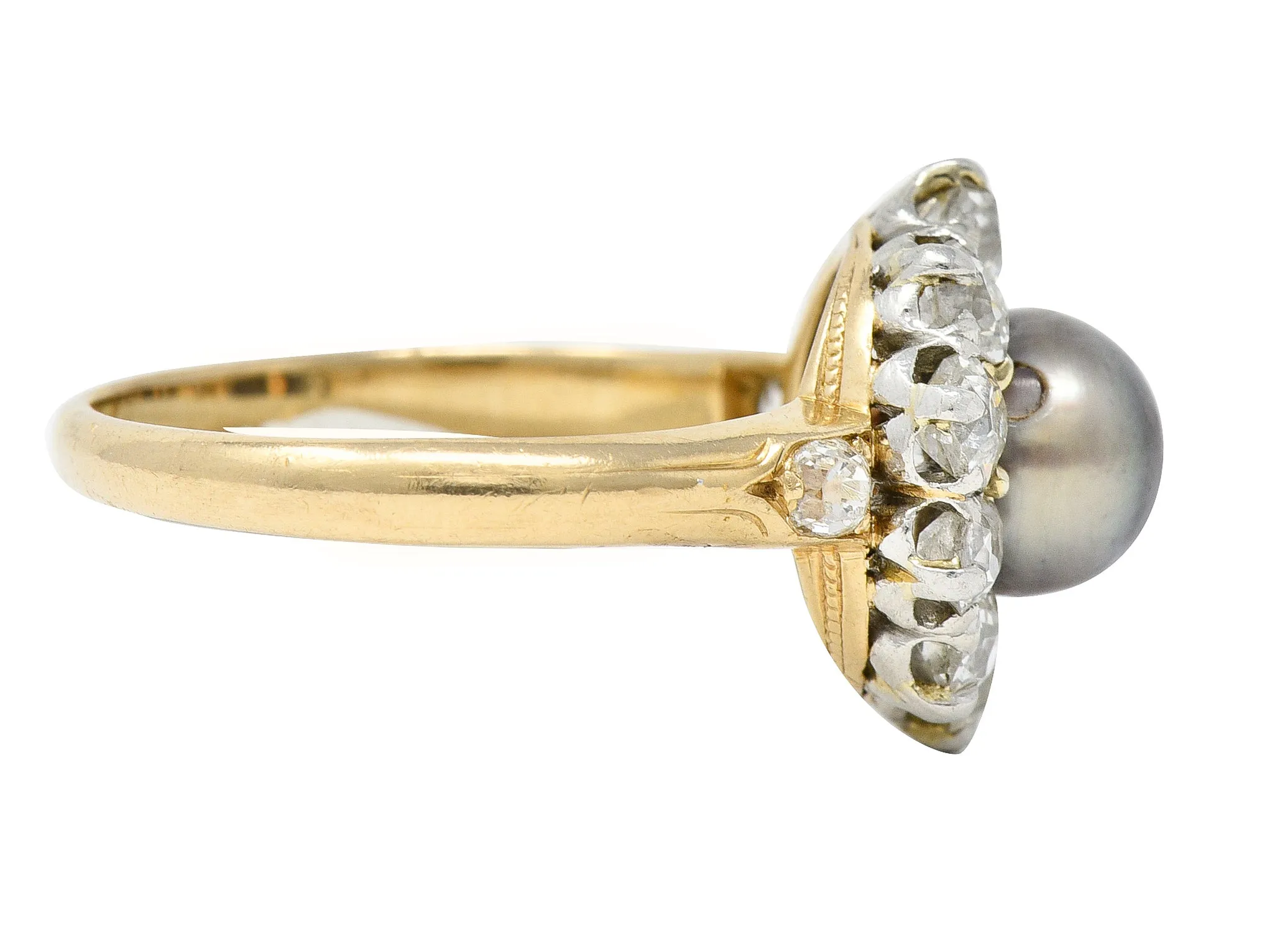 Edwardian 1.40 CTW Old Mine Cut Diamond Natural Pearl Platinum-Topped 14 Karat Yellow Gold Antique Cluster Ring