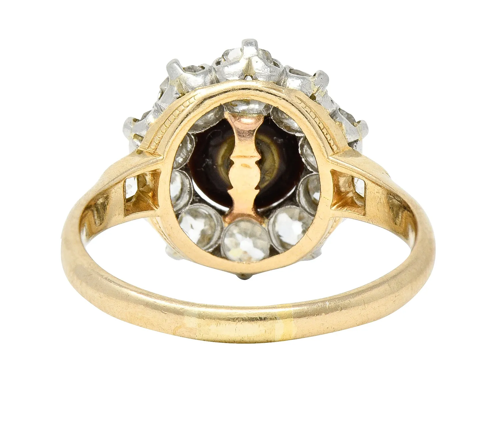 Edwardian 1.40 CTW Old Mine Cut Diamond Natural Pearl Platinum-Topped 14 Karat Yellow Gold Antique Cluster Ring