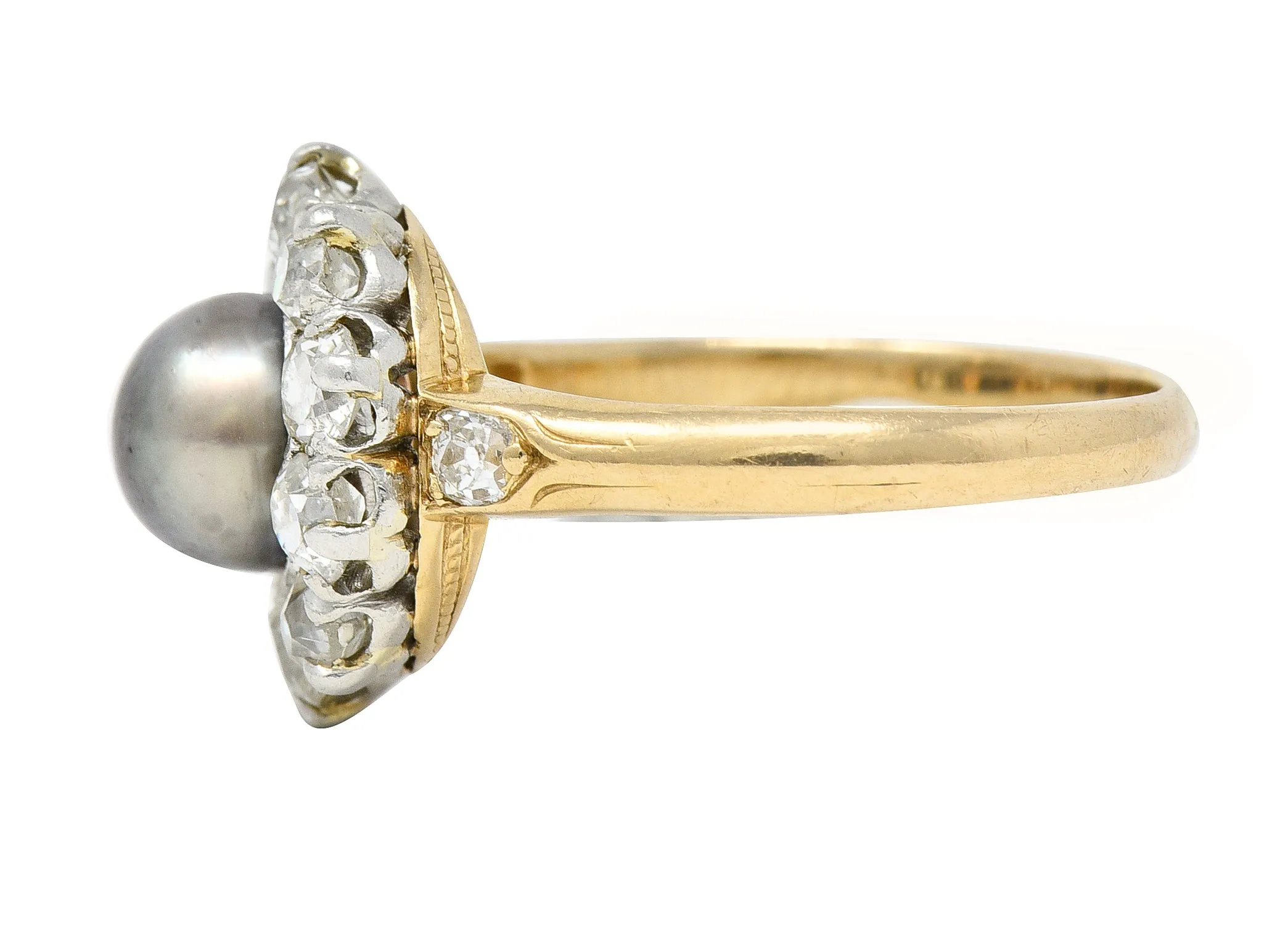 Edwardian 1.40 CTW Old Mine Cut Diamond Natural Pearl Platinum-Topped 14 Karat Yellow Gold Antique Cluster Ring