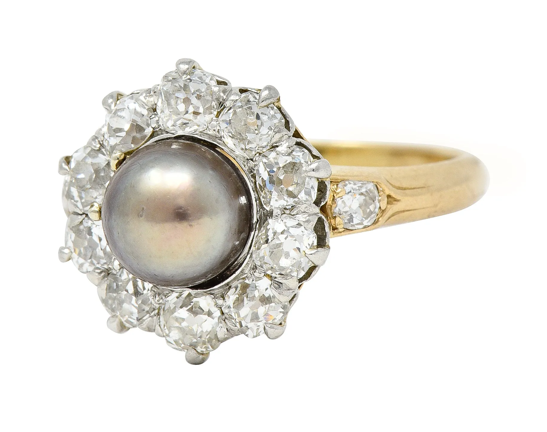 Edwardian 1.40 CTW Old Mine Cut Diamond Natural Pearl Platinum-Topped 14 Karat Yellow Gold Antique Cluster Ring