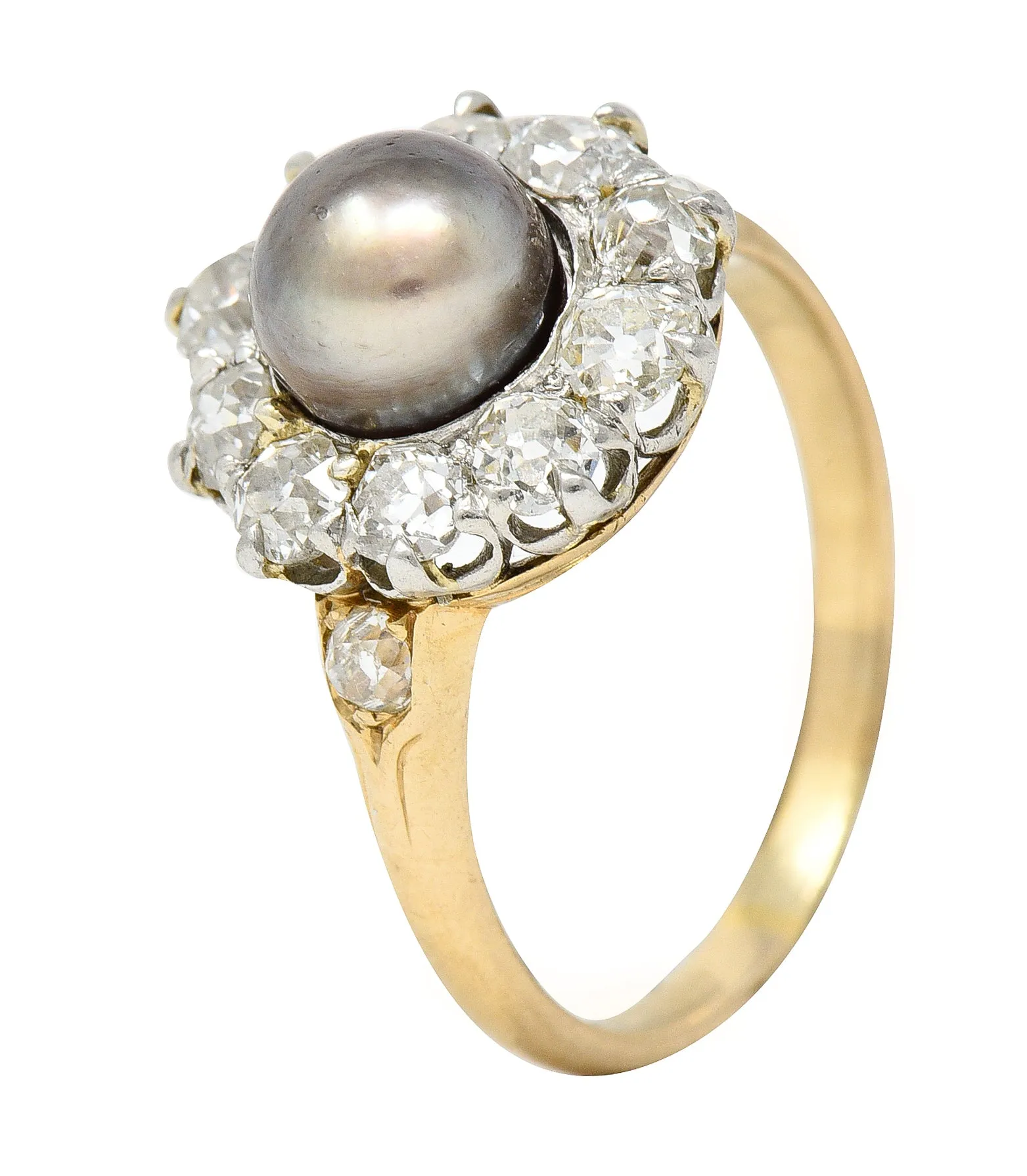 Edwardian 1.40 CTW Old Mine Cut Diamond Natural Pearl Platinum-Topped 14 Karat Yellow Gold Antique Cluster Ring