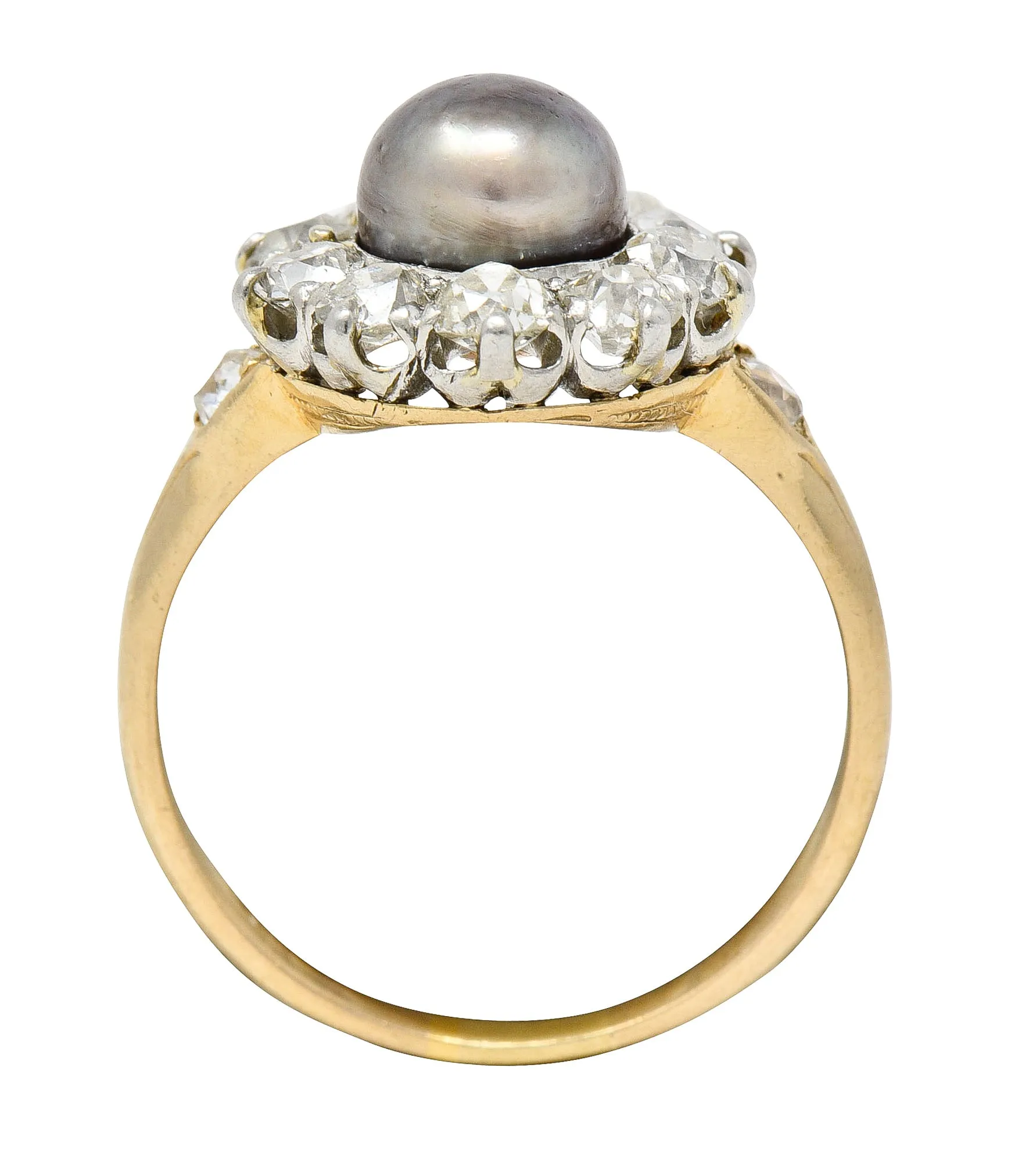 Edwardian 1.40 CTW Old Mine Cut Diamond Natural Pearl Platinum-Topped 14 Karat Yellow Gold Antique Cluster Ring