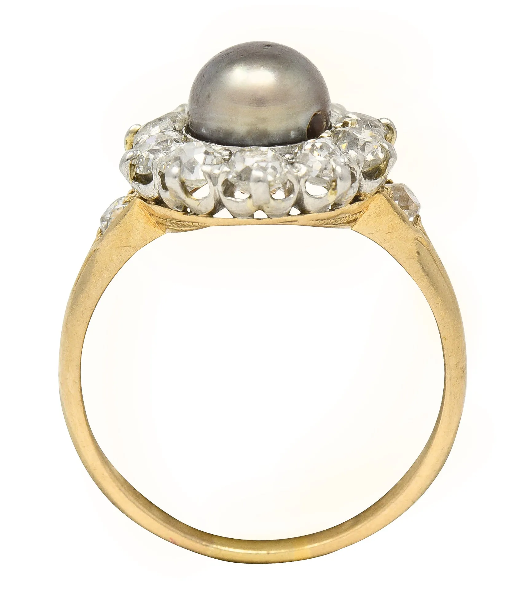 Edwardian 1.40 CTW Old Mine Cut Diamond Natural Pearl Platinum-Topped 14 Karat Yellow Gold Antique Cluster Ring