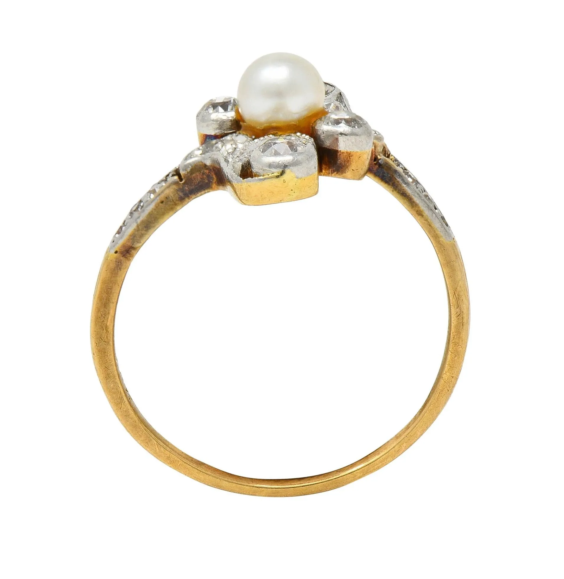 Edwardian Pearl Diamond Platinum-Topped 18 Karat Gold Foliate Antique Navette Ring